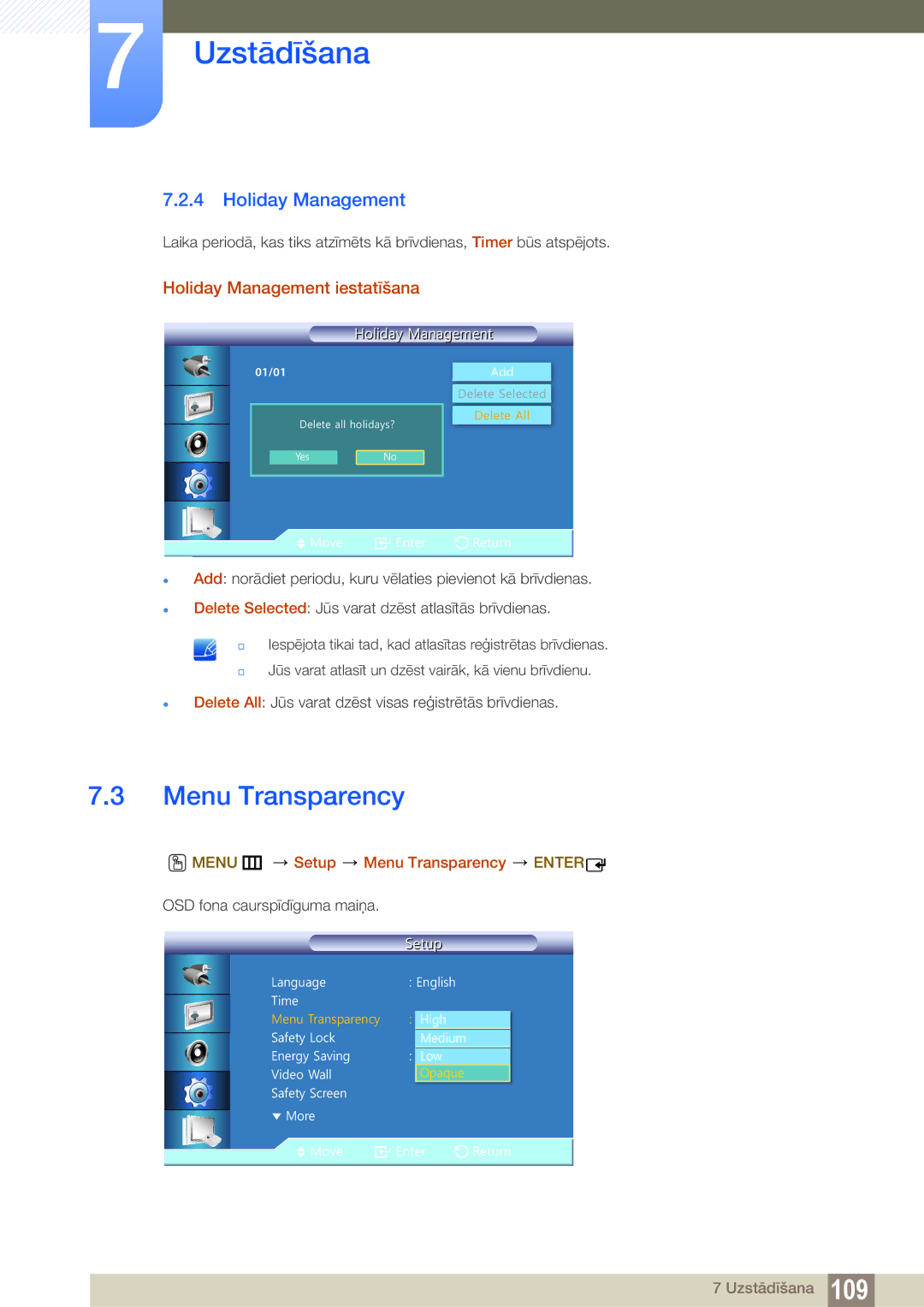 Samsung LH22UDBPLBB/EN manual Holiday Management iestatīšana, Menu m Setup Menu Transparency Enter 