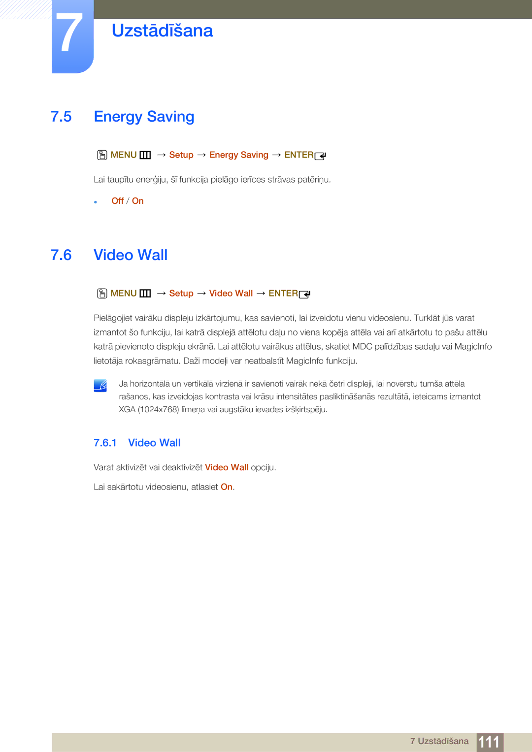 Samsung LH22UDBPLBB/EN manual Menu m Setup Energy Saving Enter, Menu m Setup Video Wall Enter 