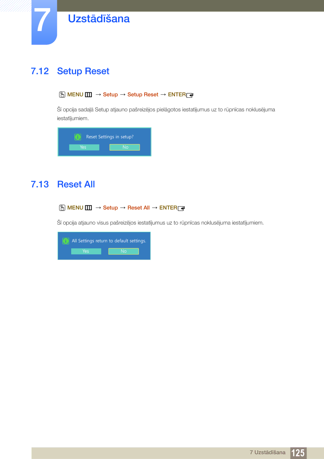 Samsung LH22UDBPLBB/EN manual Menu m Setup Setup Reset Enter, Menu m Setup Reset All Enter 