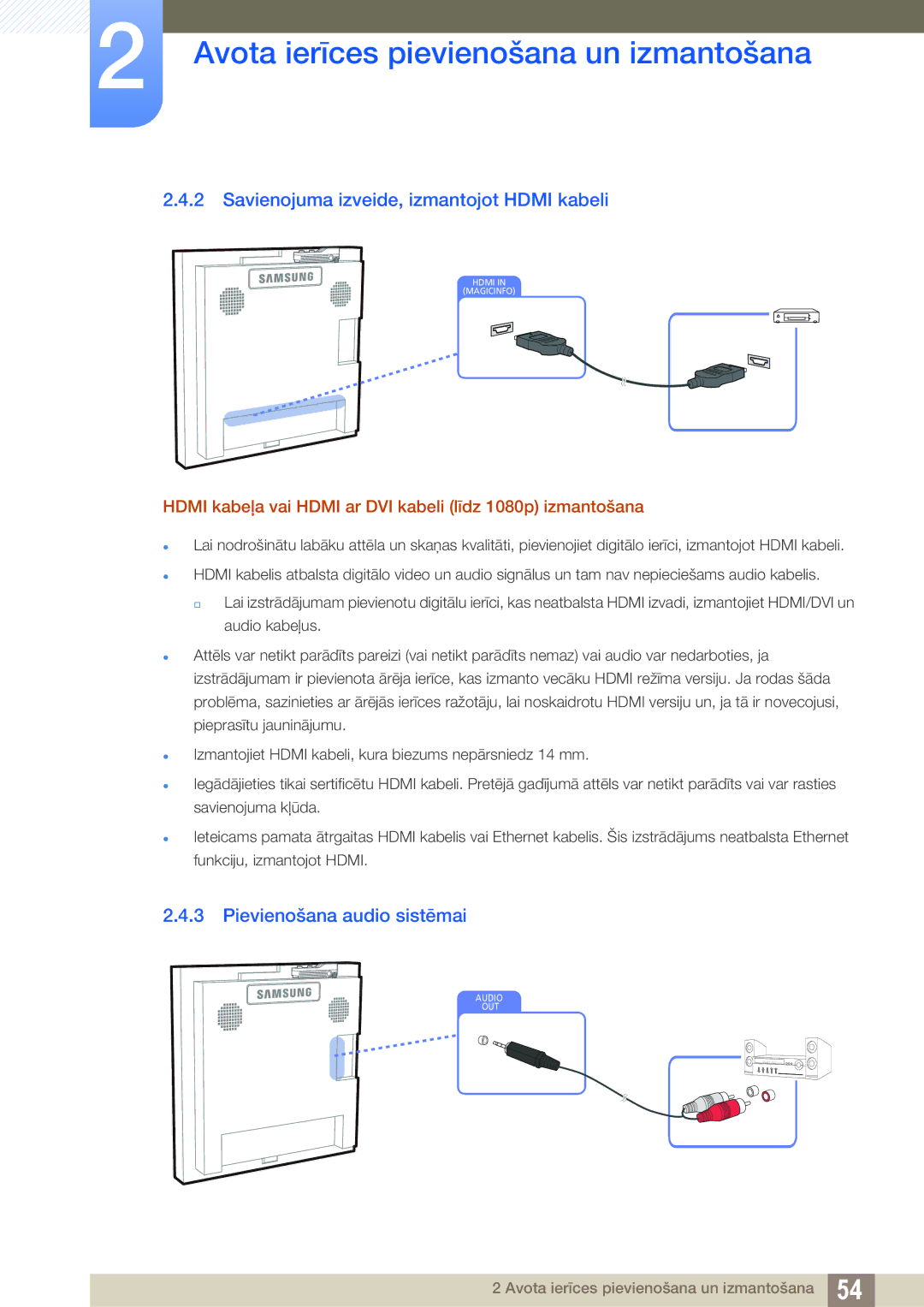 Samsung LH22UDBPLBB/EN manual Savienojuma izveide, izmantojot Hdmi kabeli, Pievienošana audio sistēmai 