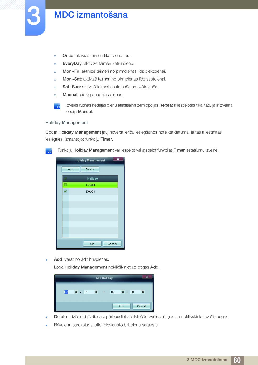 Samsung LH22UDBPLBB/EN manual Holiday Management 