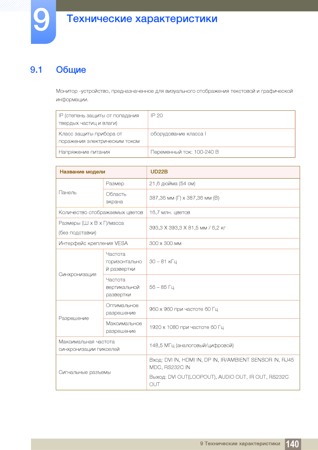 Samsung LH22UDBPLBB/EN manual Технические характеристики, Общие 