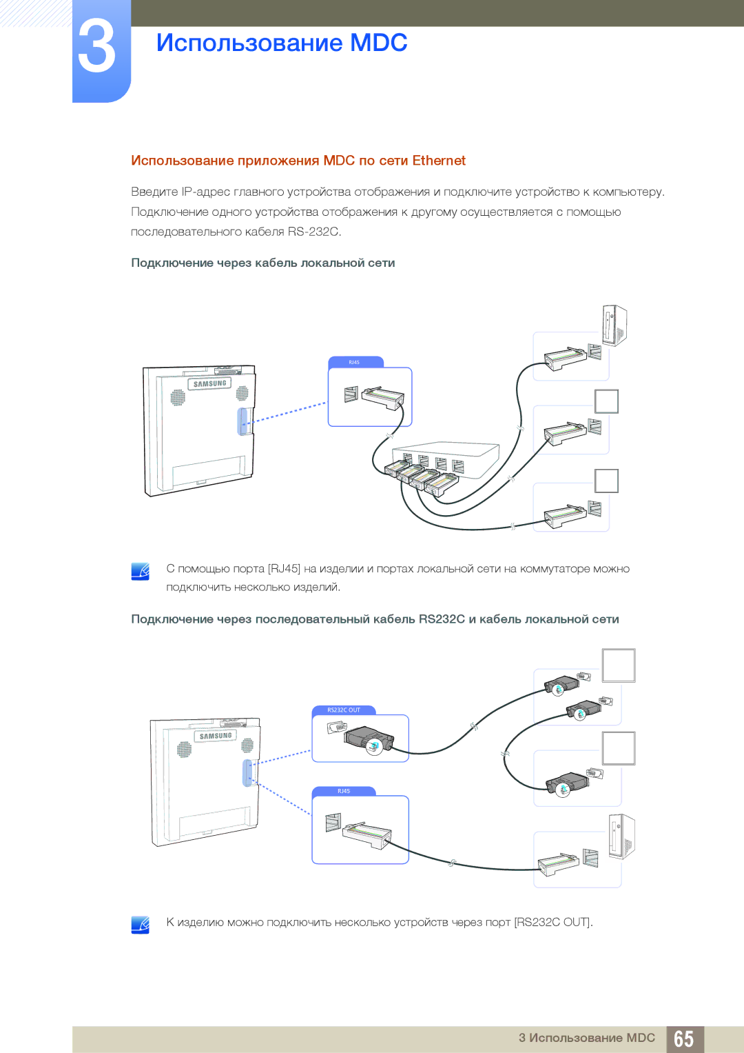 Samsung LH22UDBPLBB/EN manual Использование приложения MDC по сети Ethernet, Подключение через кабель локальной сети 