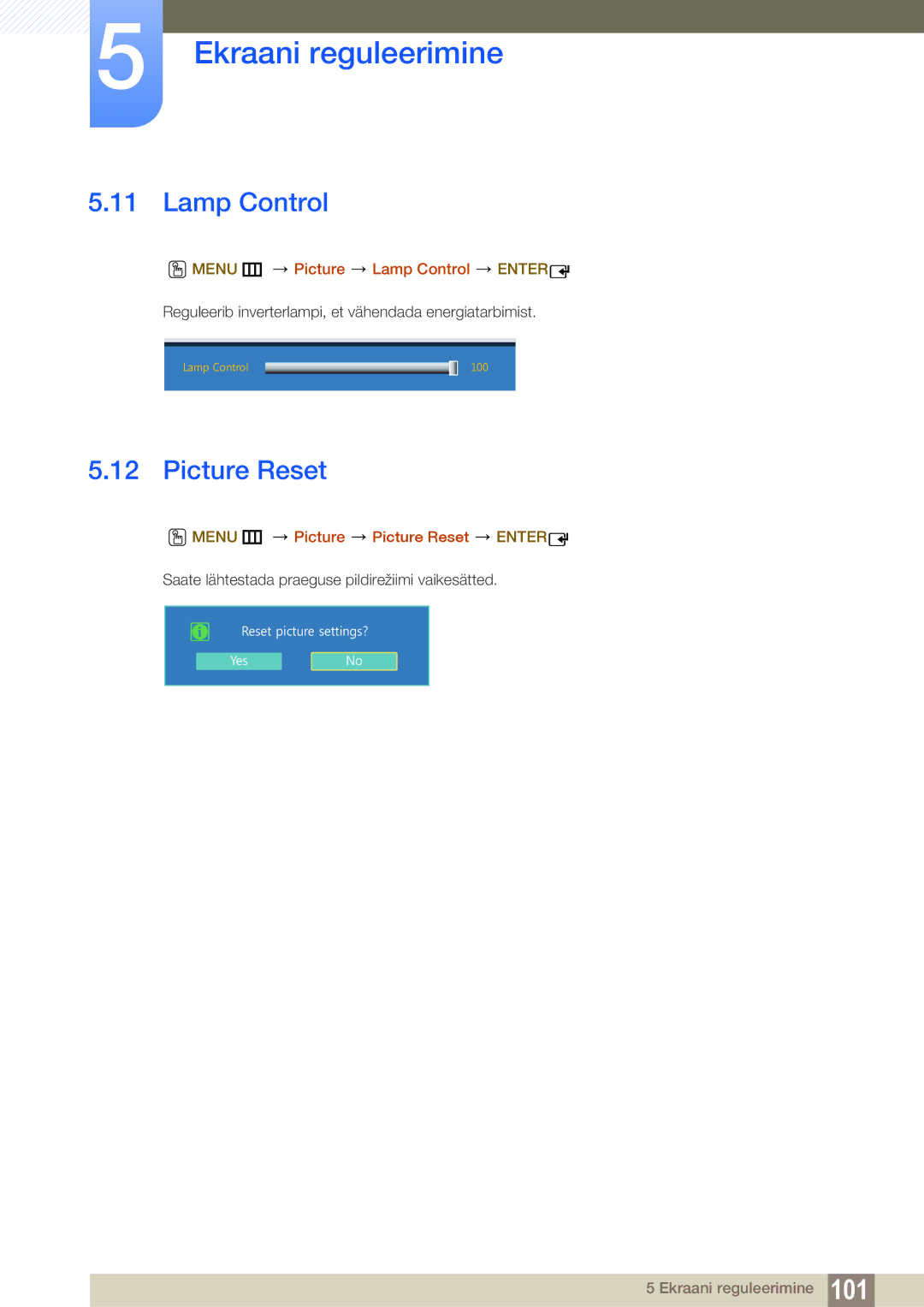 Samsung LH22UDBPLBB/EN manual Menu m Picture Lamp Control Enter, Menu m Picture Picture Reset Enter 