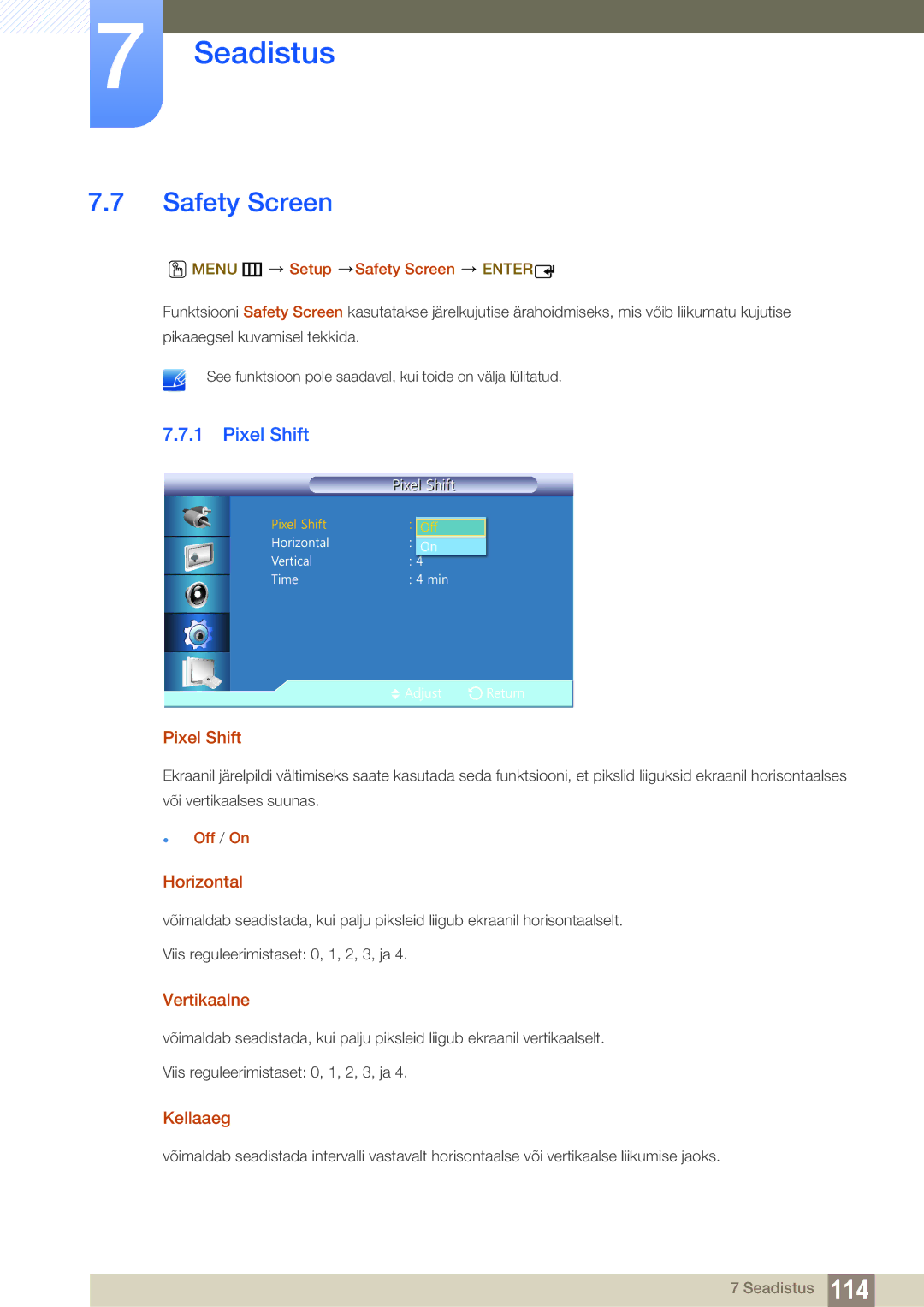 Samsung LH22UDBPLBB/EN manual Safety Screen, Pixel Shift, Horizontal, Vertikaalne 