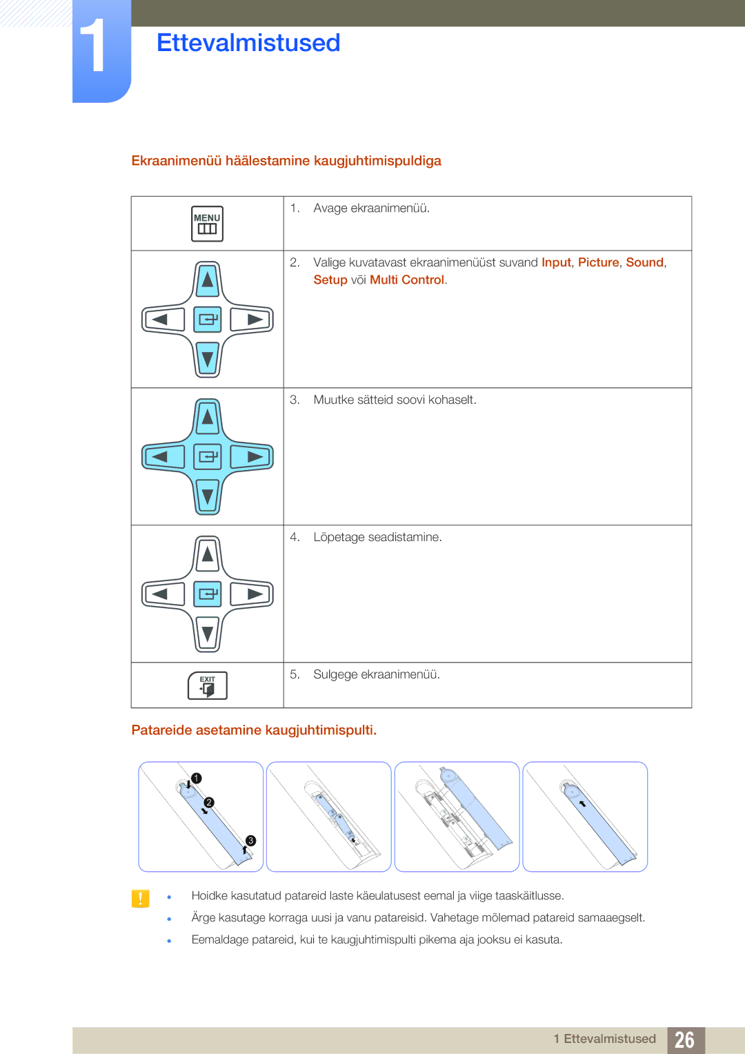 Samsung LH22UDBPLBB/EN manual Ekraanimenüü häälestamine kaugjuhtimispuldiga, Patareide asetamine kaugjuhtimispulti 