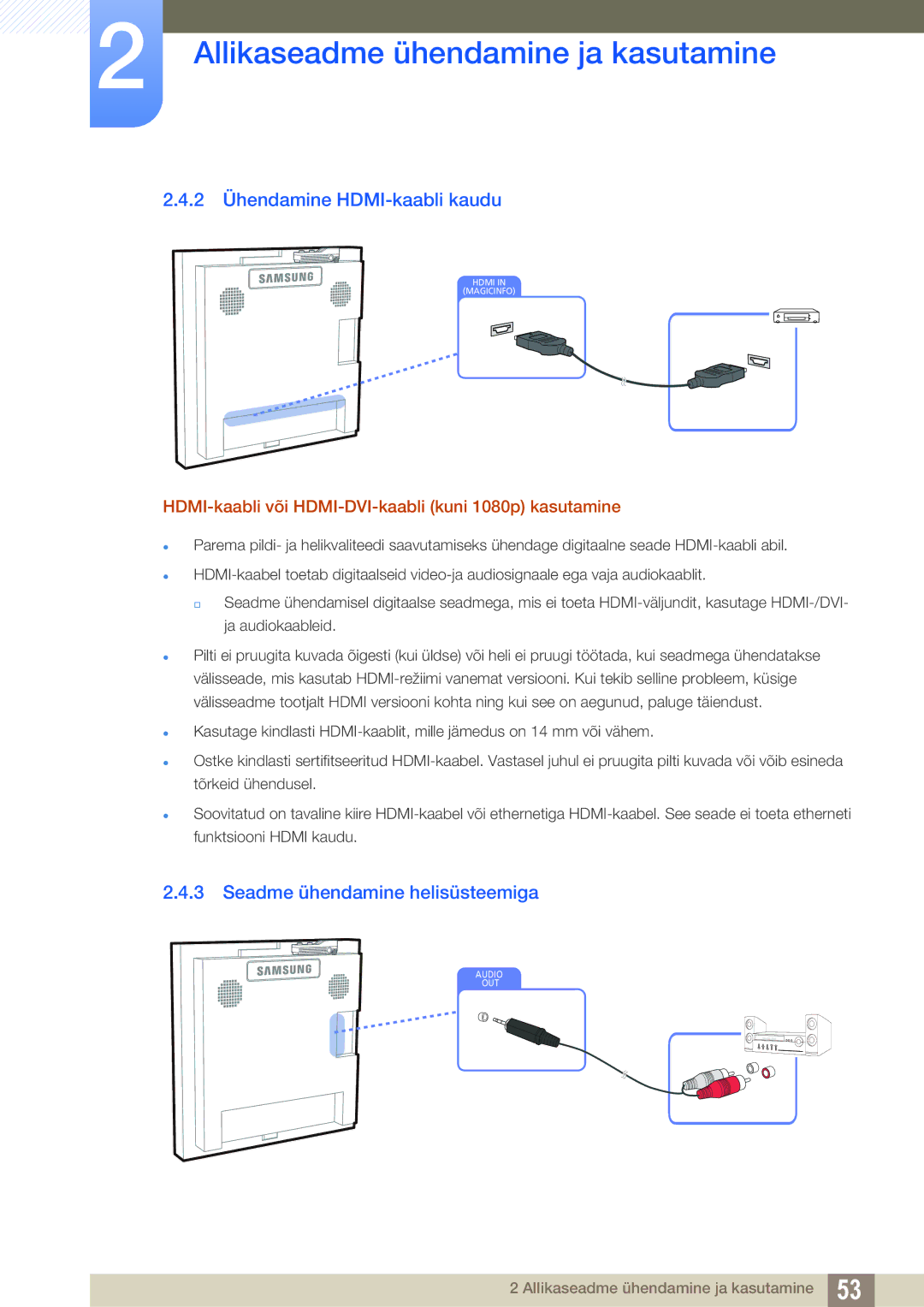 Samsung LH22UDBPLBB/EN manual 2 Ühendamine HDMI-kaabli kaudu, Seadme ühendamine helisüsteemiga 