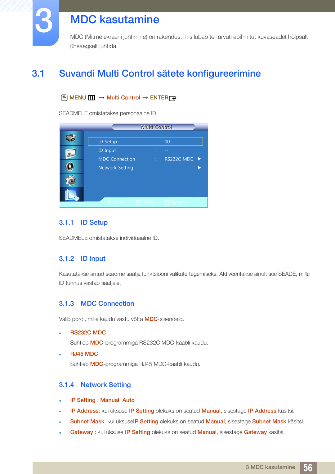 Samsung LH22UDBPLBB/EN Suvandi Multi Control sätete konfigureerimine, ID Setup, ID Input, MDC Connection, Network Setting 