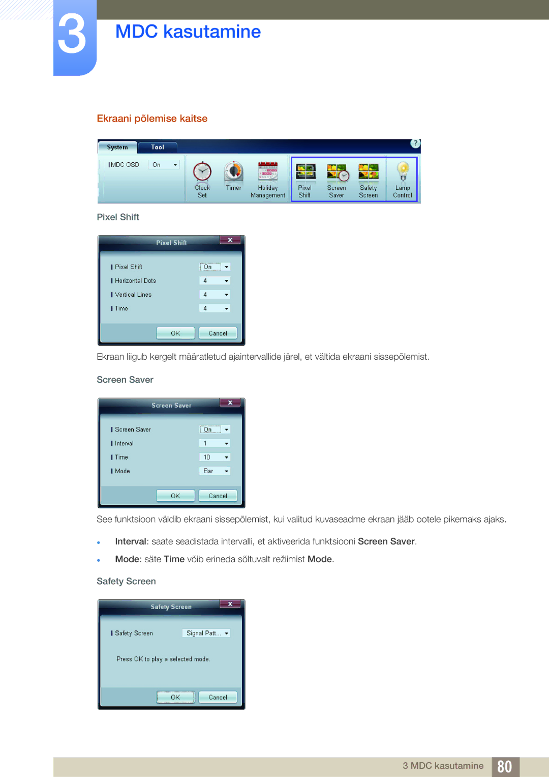 Samsung LH22UDBPLBB/EN manual Ekraani põlemise kaitse, Pixel Shift, Screen Saver, Safety Screen 