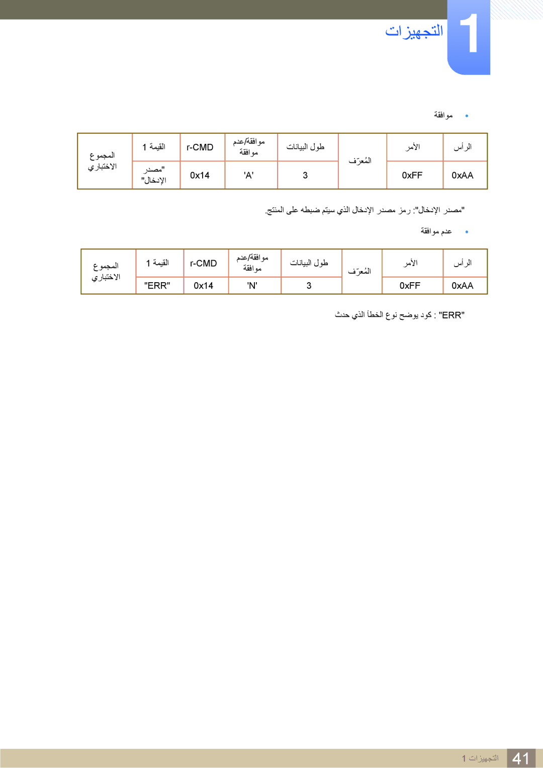 Samsung LH22UDBPLBB/XY, LH22UDBPLBB/NG manual Cmd مدع/ةقفاوم تانايبلا لوط رملأا سأرلا 