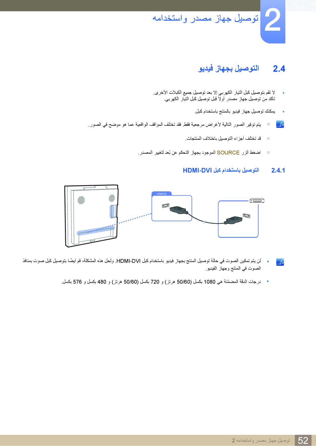 Samsung LH22UDBPLBB/NG, LH22UDBPLBB/XY manual ويديف زاهجب ليصوتلا, Hdmi-Dvi لبك مادختساب ليصوتلا 