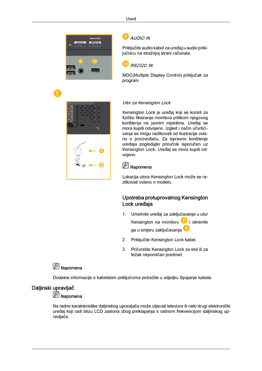 Samsung LH23PTTMBC/EN, LH23PTRMBC/EN manual Upotreba protuprovalnog Kensington Lock uređaja, Daljinski upravljač 