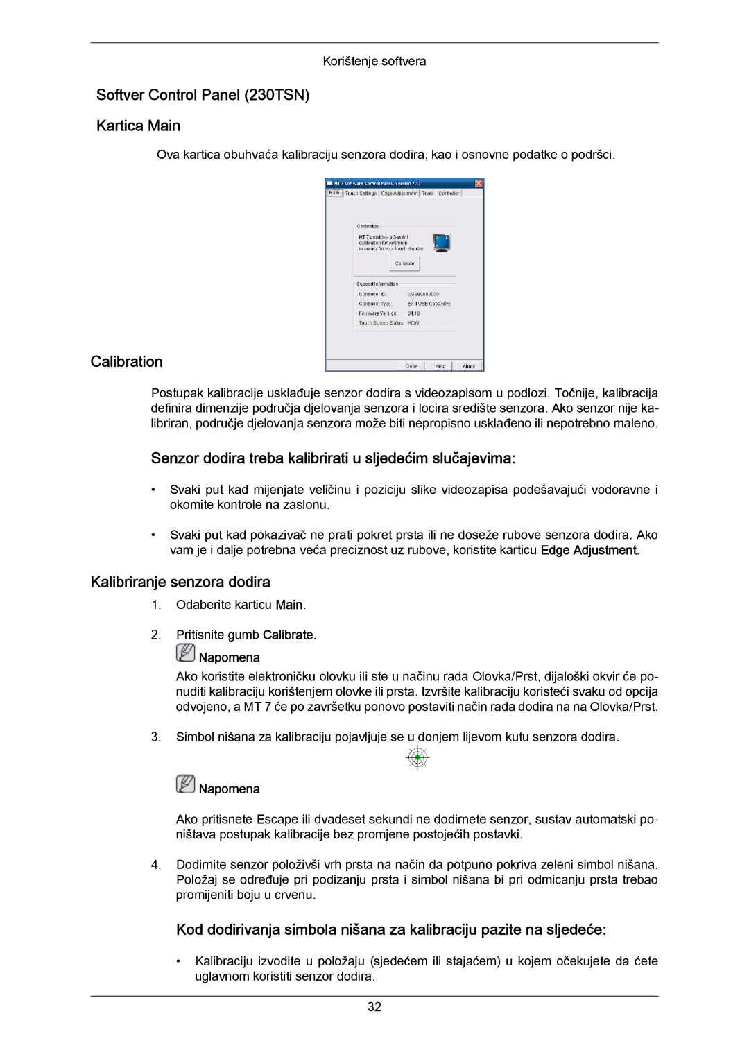 Samsung LH23PTTMBC/EN, LH23PTRMBC/EN Softver Control Panel 230TSN Kartica Main, Calibration, Kalibriranje senzora dodira 