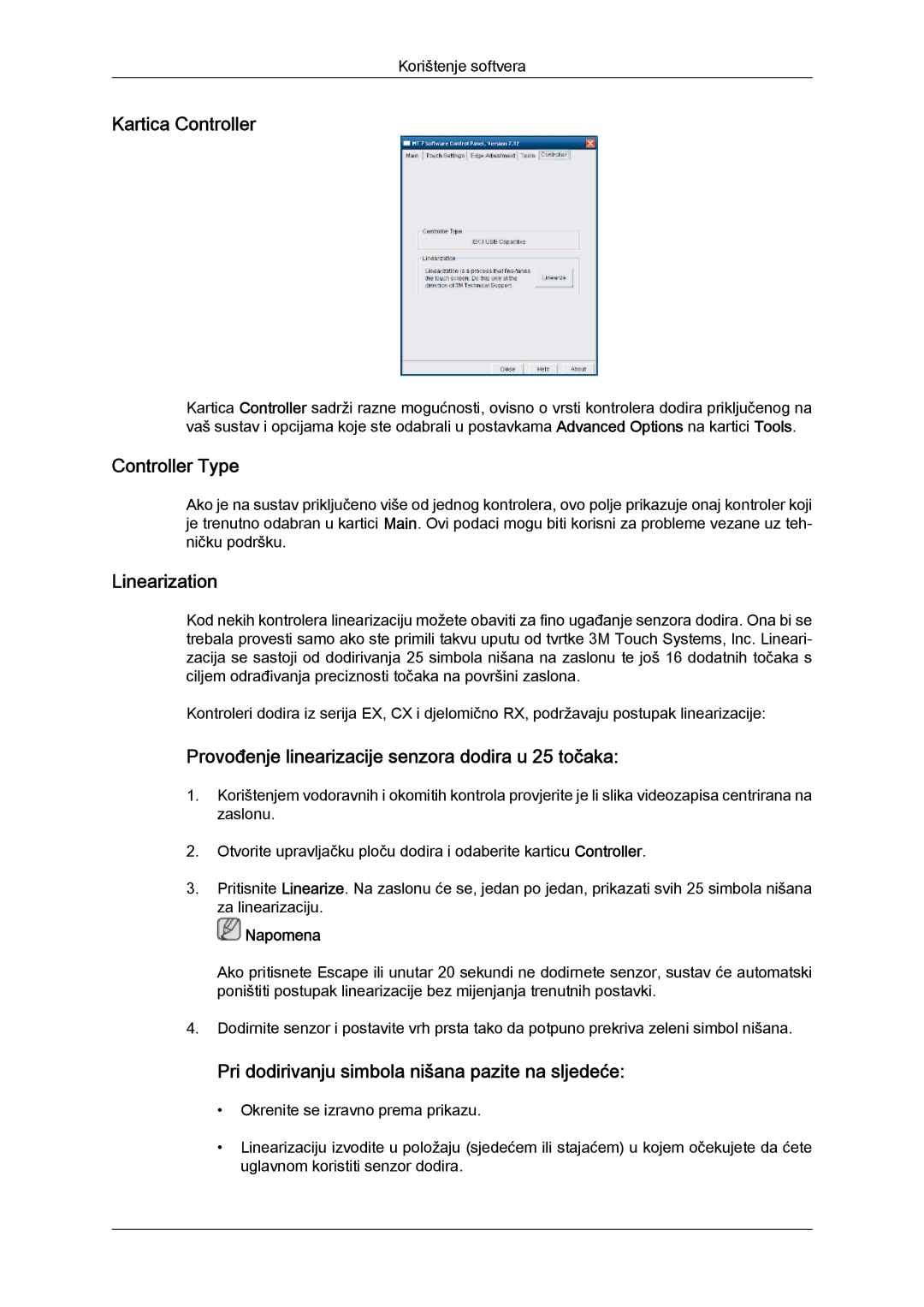 Samsung LH23PTRMBC/EN manual Kartica Controller, Linearization, Provođenje linearizacije senzora dodira u 25 točaka 