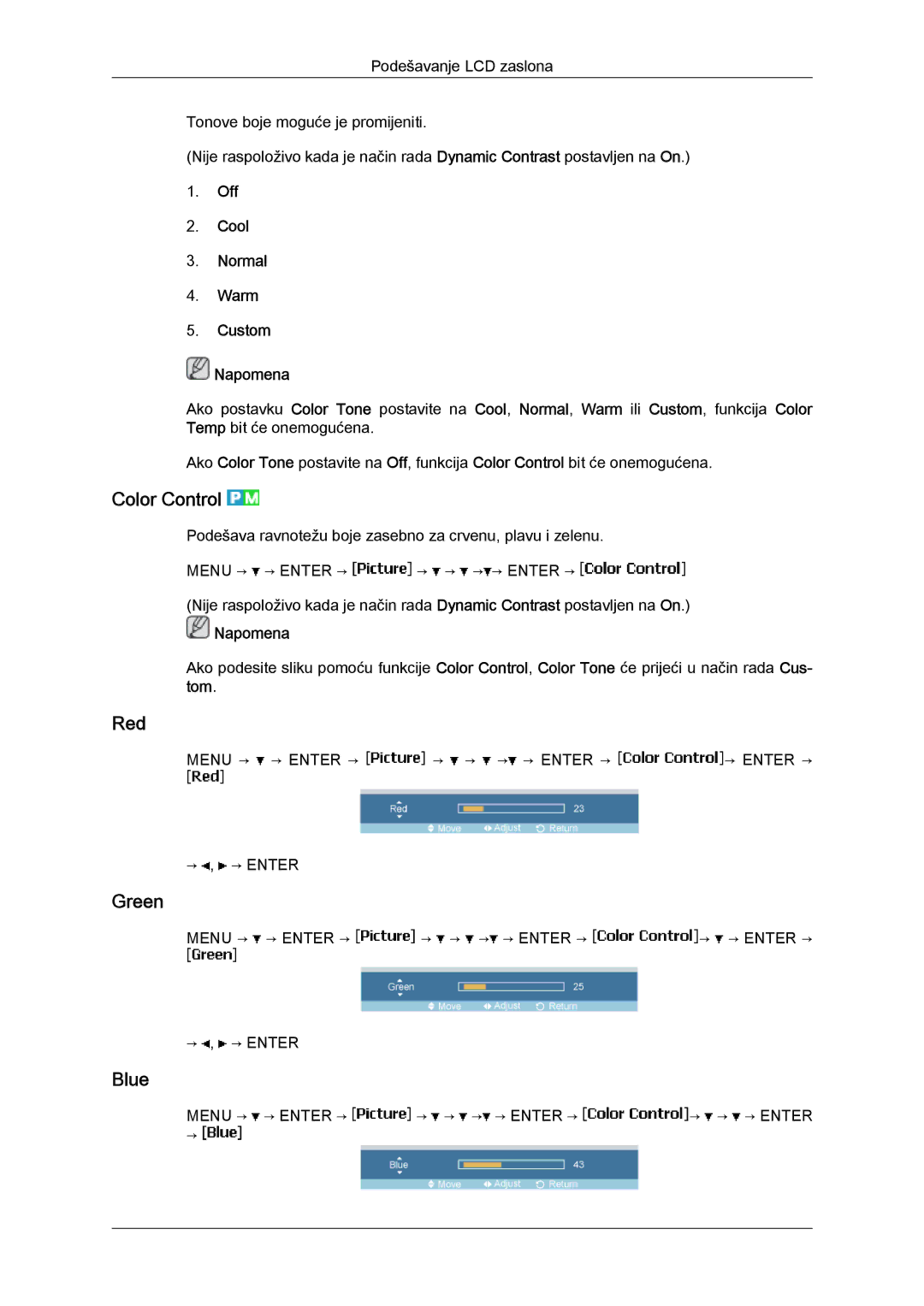 Samsung LH23PTRMBC/EN, LH23PTTMBC/EN manual Color Control, Red, Green, Blue, Off Cool Normal Warm Custom Napomena 