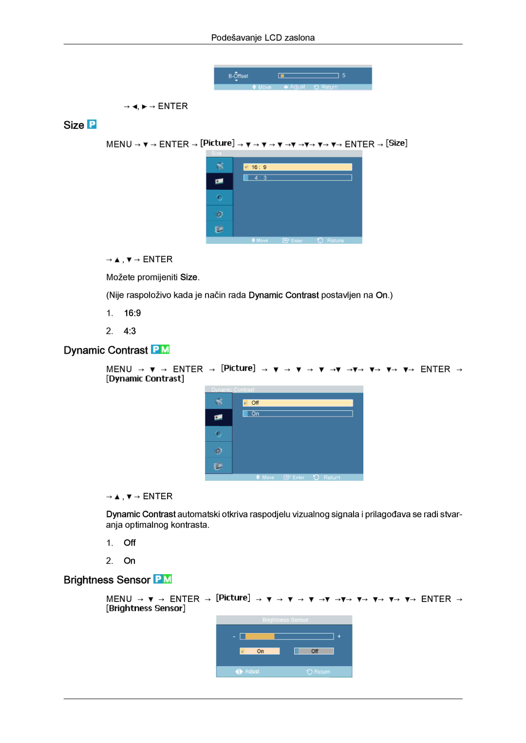 Samsung LH23PTRMBC/EN, LH23PTTMBC/EN manual Size, Dynamic Contrast, Brightness Sensor, Off 