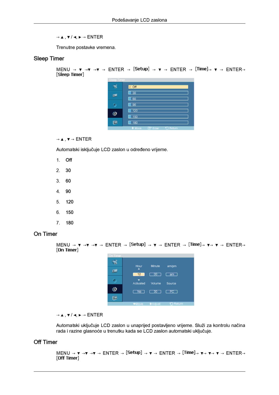 Samsung LH23PTTMBC/EN, LH23PTRMBC/EN manual Sleep Timer, On Timer, Off Timer 