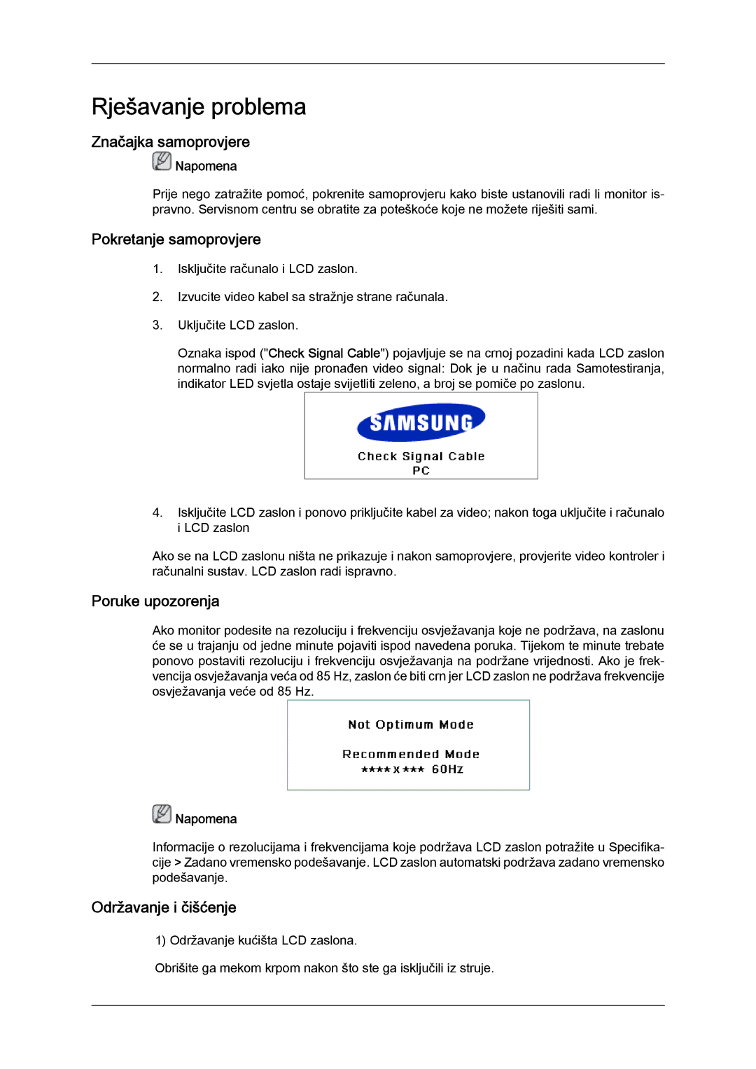 Samsung LH23PTTMBC/EN manual Značajka samoprovjere, Pokretanje samoprovjere, Poruke upozorenja, Održavanje i čišćenje 