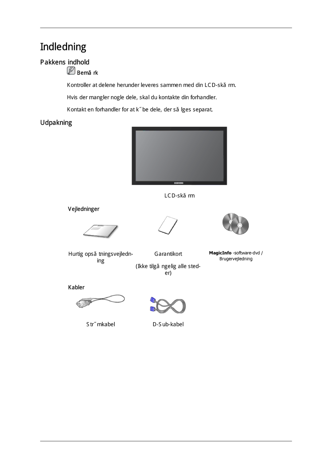 Samsung LH23PTSMBC/EN, LH23PTRMBC/EN, LH23PTTMBC/EN, LH23PTRHBC/EN manual Pakkens indhold, Udpakning, Vejledninger, Kabler 