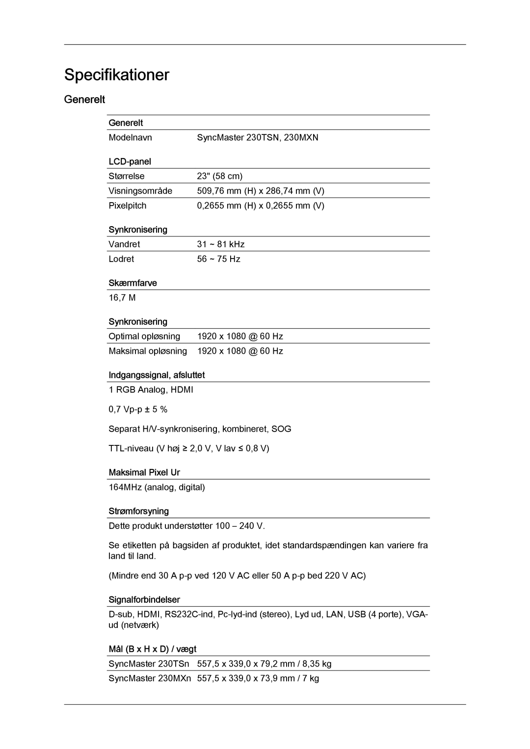 Samsung LH23PTTMBC/EN, LH23PTSMBC/EN, LH23PTRMBC/EN, LH23PTRHBC/EN, LH23PTVHBC/EN manual Generelt 