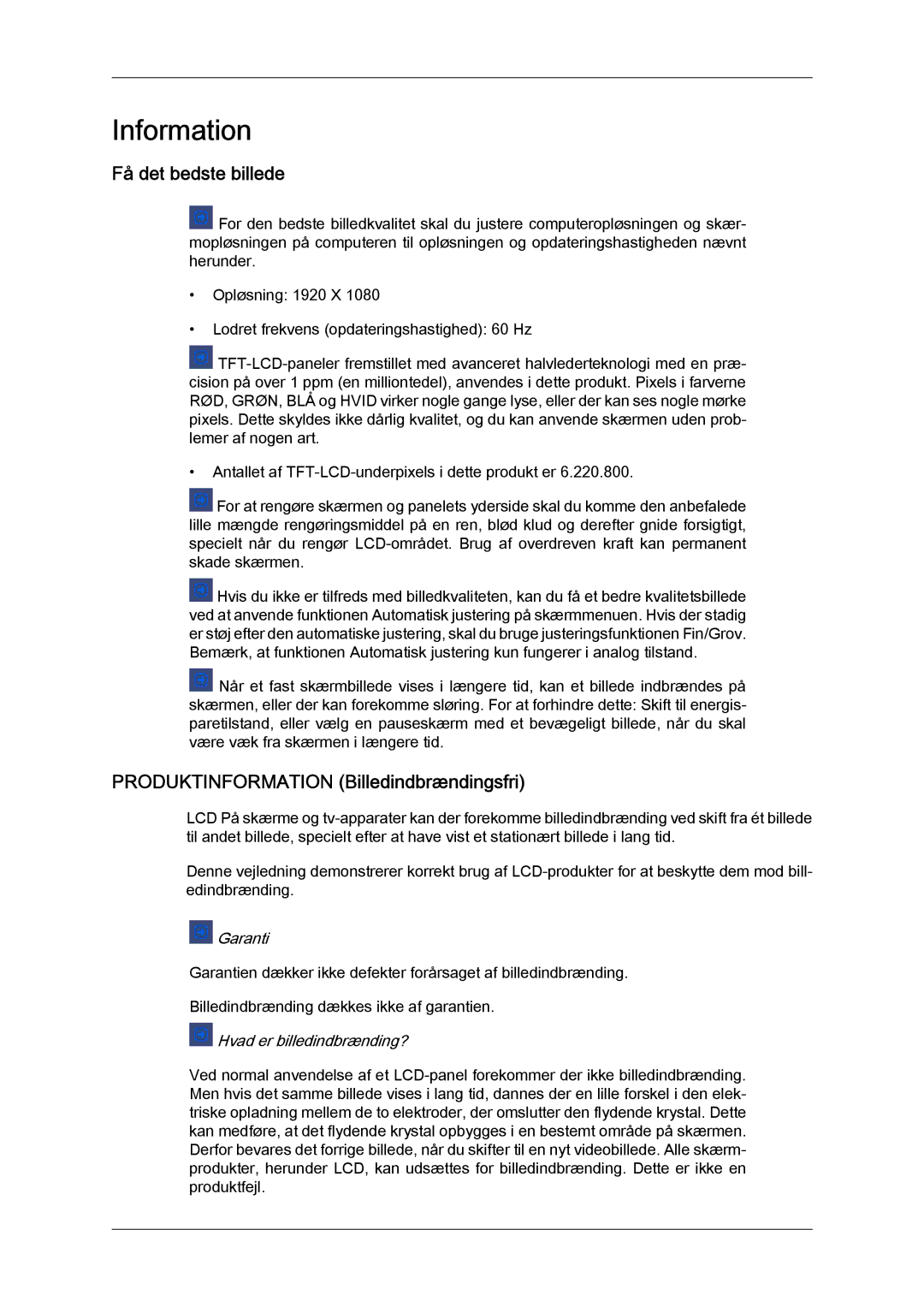 Samsung LH23PTRMBC/EN, LH23PTSMBC/EN, LH23PTTMBC/EN manual Få det bedste billede, Produktinformation Billedindbrændingsfri 