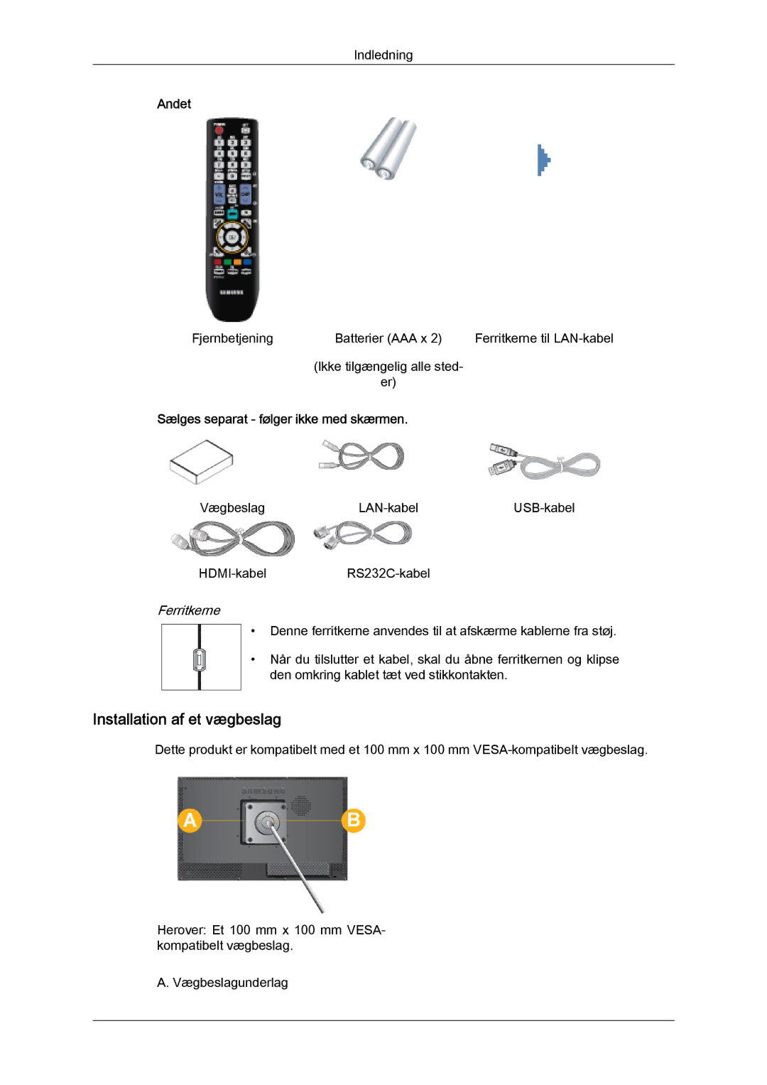 Samsung LH23PTRMBC/EN, LH23PTSMBC/EN manual Installation af et vægbeslag, Andet, Sælges separat følger ikke med skærmen 