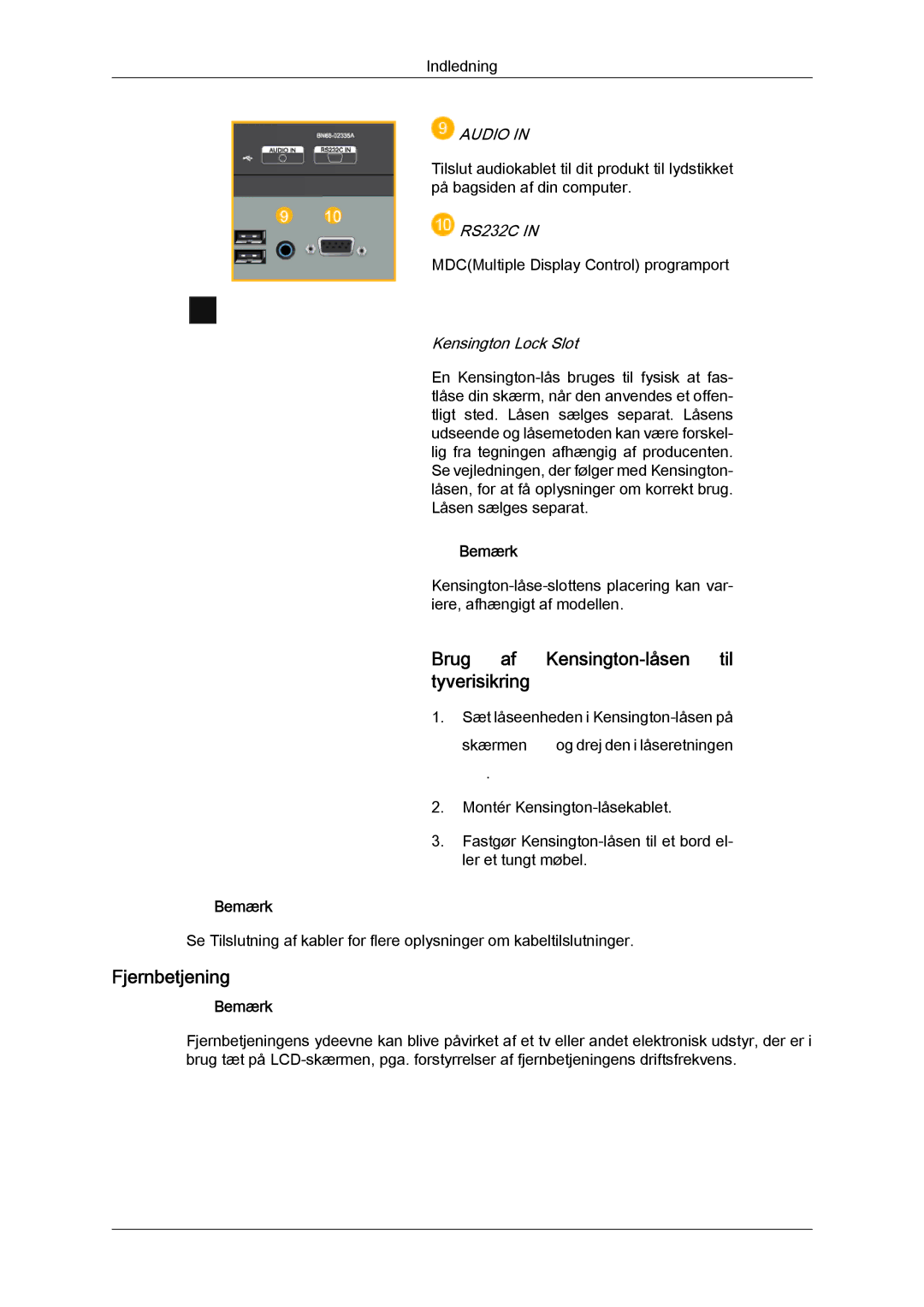 Samsung LH23PTSMBC/EN, LH23PTRMBC/EN, LH23PTTMBC/EN manual Brug af Kensington-låsen til tyverisikring, Fjernbetjening 