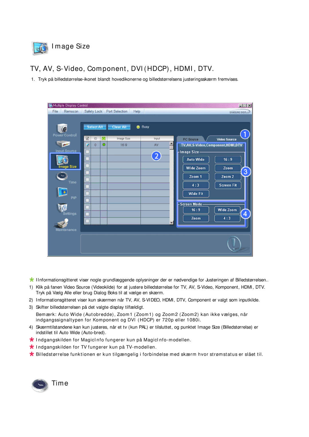 Samsung LH23PTRMBC/EN, LH23PTSMBC/EN, LH23PTTMBC/EN manual Image Size TV, AV, S-Video, Component, DVIHDCP, HDMI, DTV, Time 