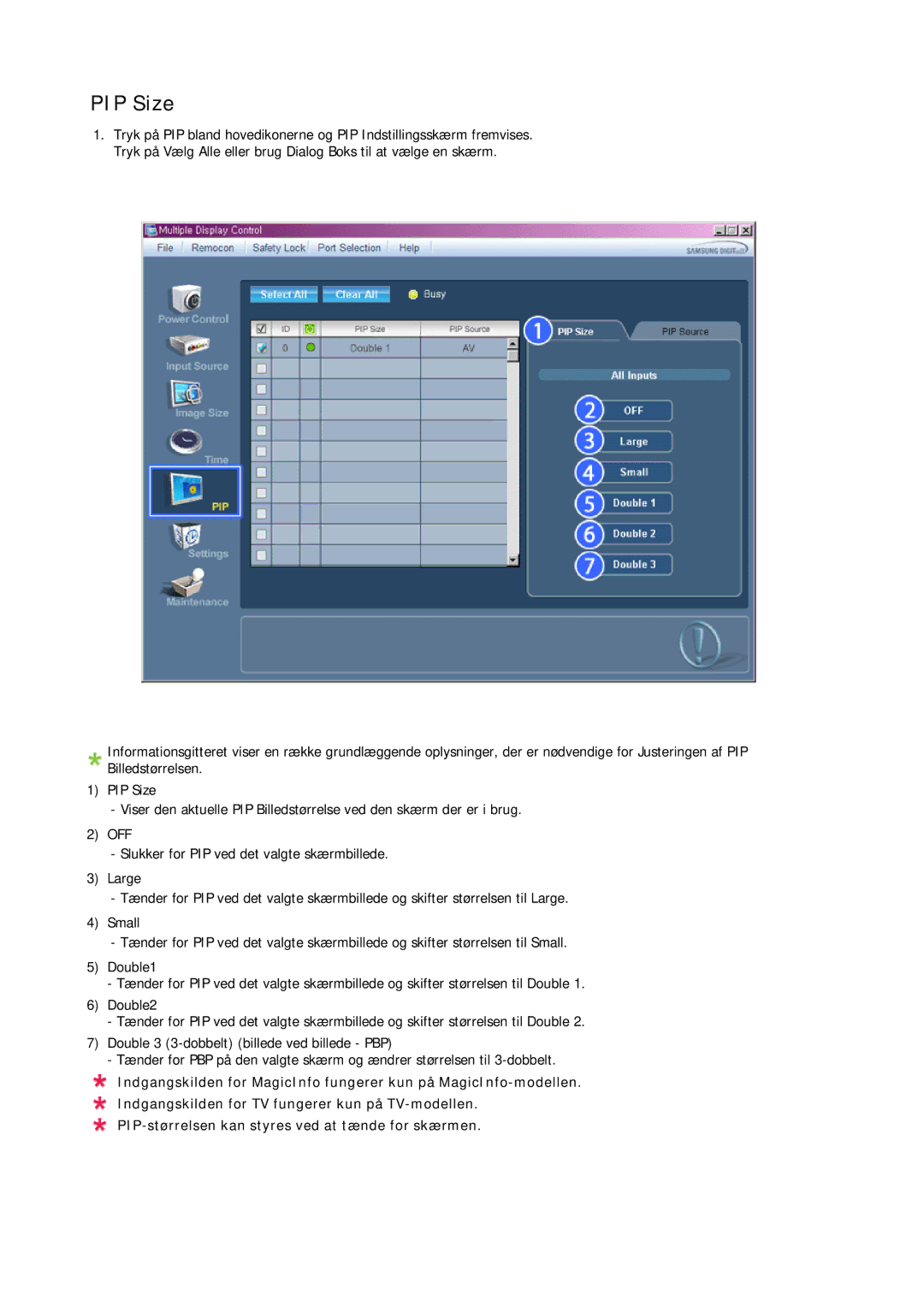 Samsung LH23PTRHBC/EN, LH23PTSMBC/EN, LH23PTRMBC/EN, LH23PTTMBC/EN, LH23PTVHBC/EN manual PIP Size 