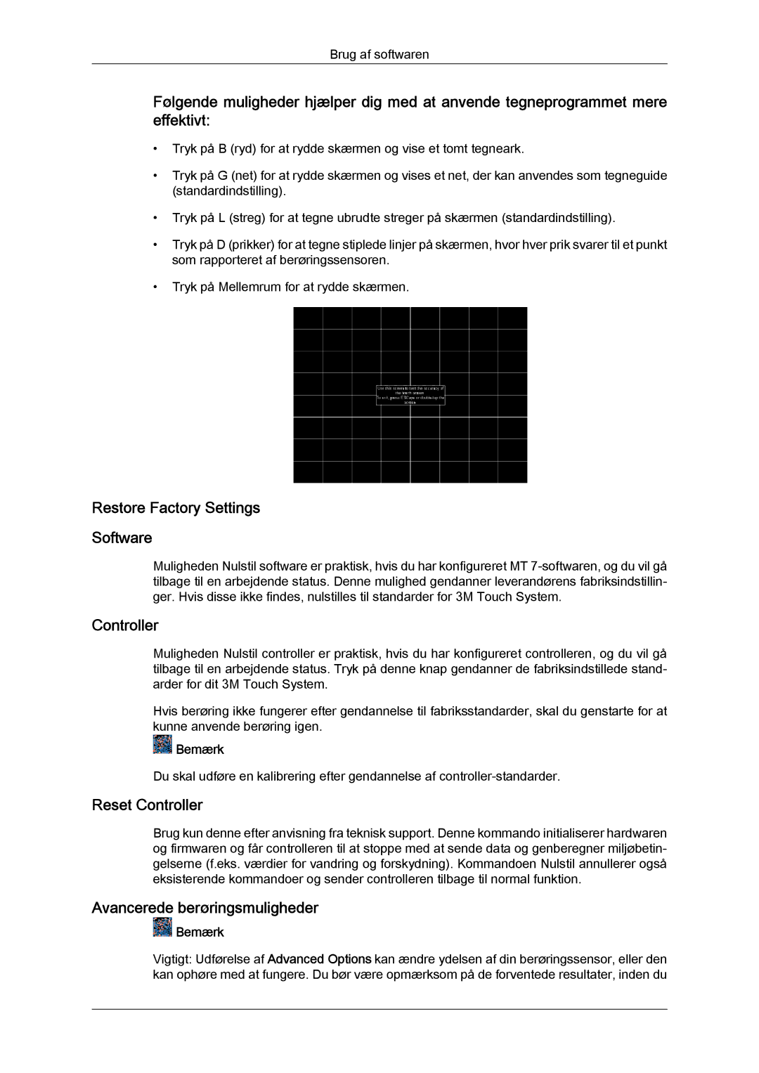 Samsung LH23PTSMBC/EN manual Restore Factory Settings Software, Reset Controller, Avancerede berøringsmuligheder 