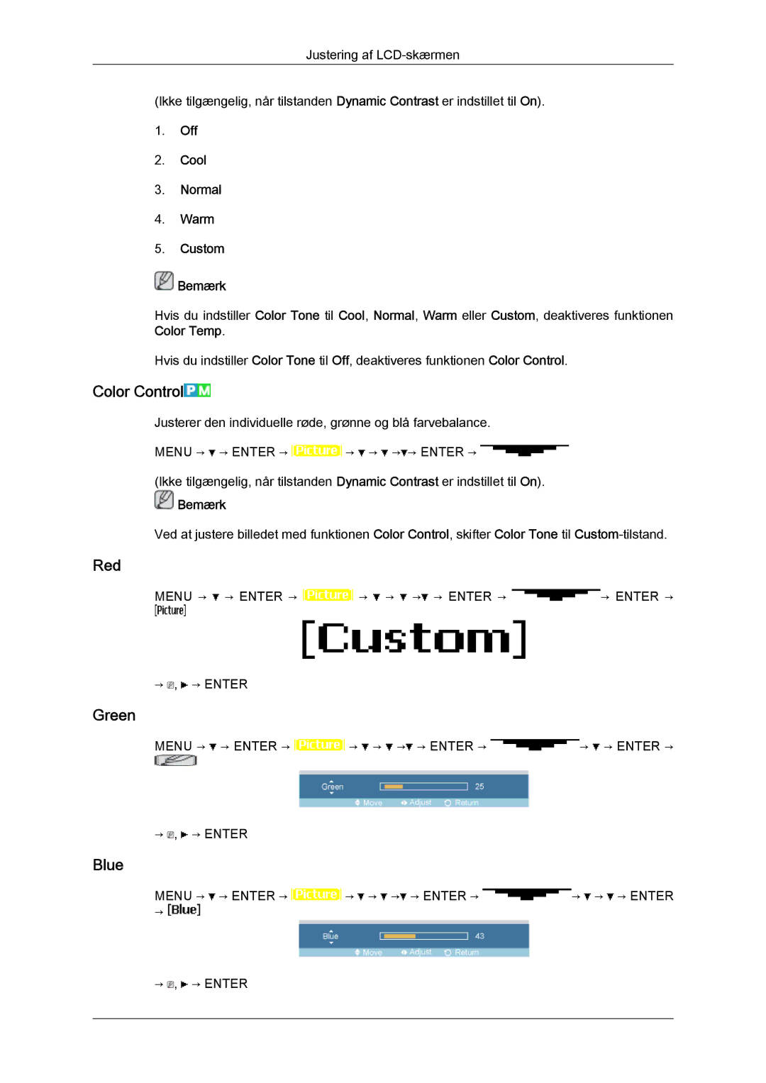 Samsung LH23PTTMBC/EN, LH23PTSMBC/EN, LH23PTRMBC/EN Color Control, Red, Green, Blue, Off Cool Normal Warm Custom Bemærk 