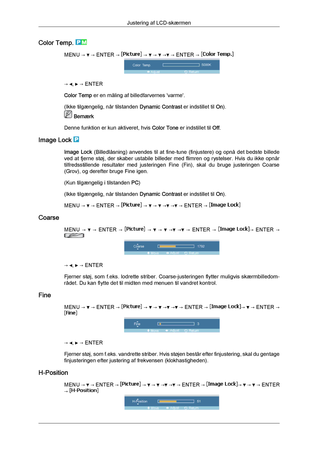 Samsung LH23PTRHBC/EN, LH23PTSMBC/EN, LH23PTRMBC/EN, LH23PTTMBC/EN manual Color Temp, Image Lock, Coarse, Fine, Position 