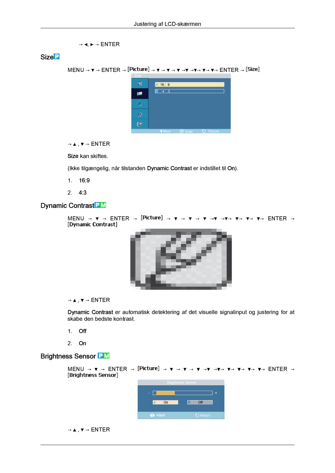 Samsung LH23PTRMBC/EN, LH23PTSMBC/EN, LH23PTTMBC/EN, LH23PTRHBC/EN manual Size, Dynamic Contrast, Brightness Sensor, Off 