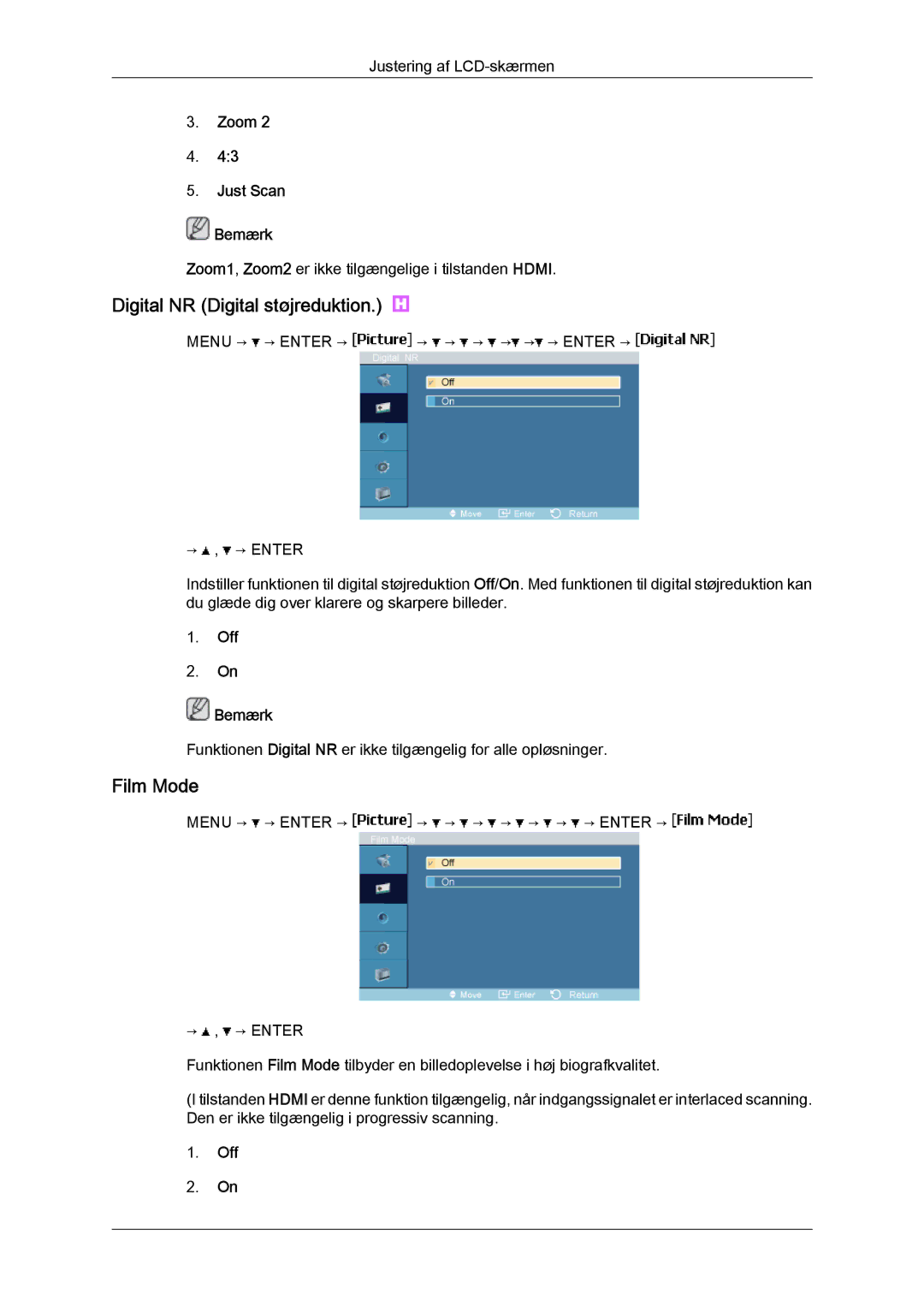 Samsung LH23PTSMBC/EN, LH23PTRMBC/EN manual Digital NR Digital støjreduktion, Film Mode, Zoom Just Scan Bemærk, Off Bemærk 