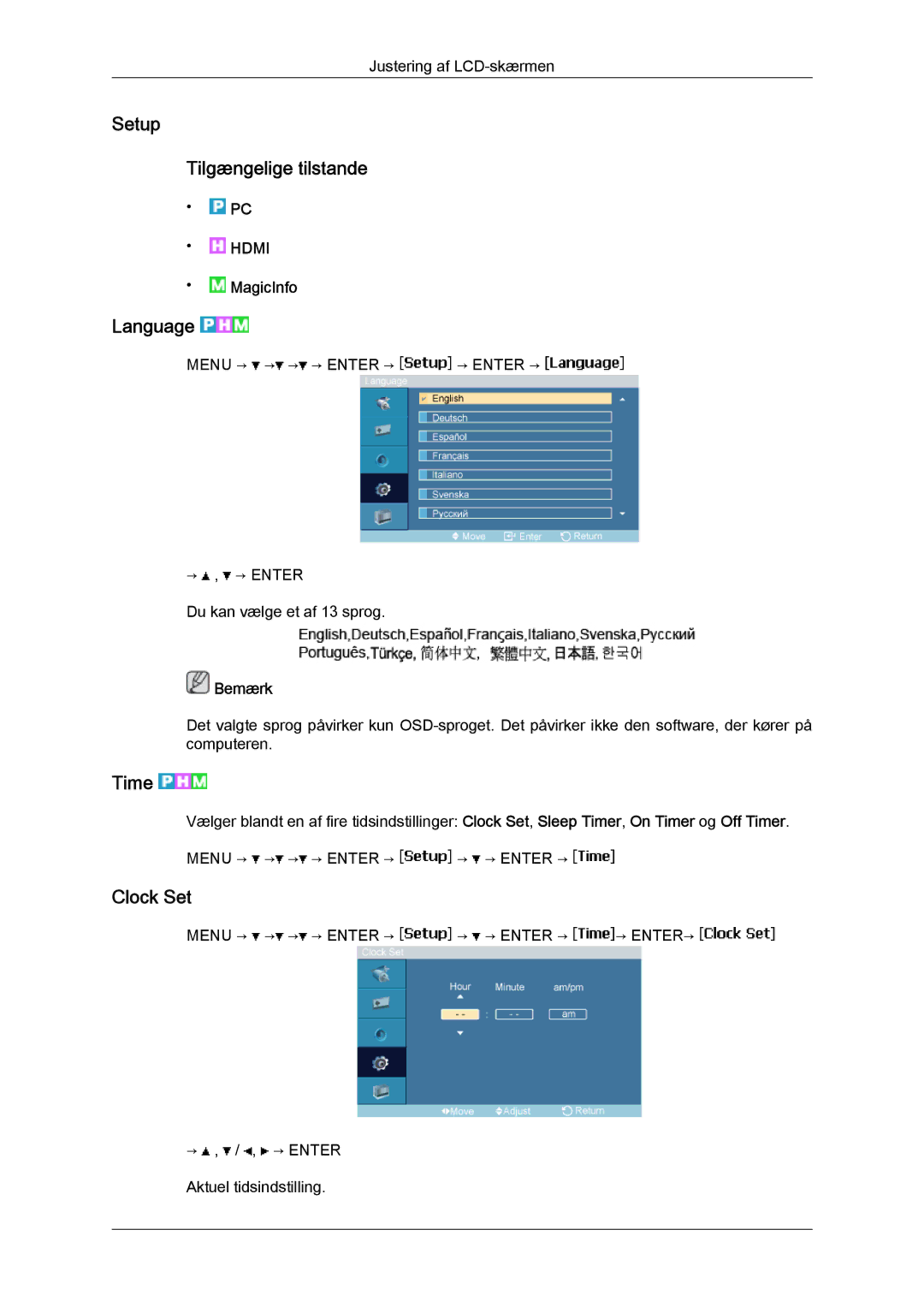 Samsung LH23PTVHBC/EN, LH23PTSMBC/EN, LH23PTRMBC/EN, LH23PTTMBC/EN Setup Tilgængelige tilstande, Language, Time, Clock Set 