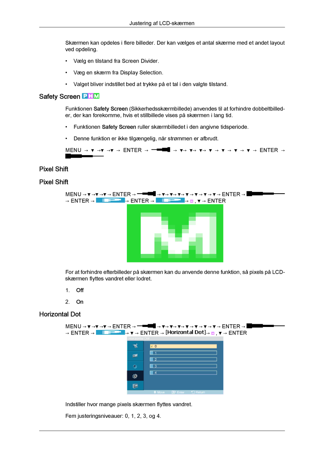 Samsung LH23PTSMBC/EN, LH23PTRMBC/EN, LH23PTTMBC/EN, LH23PTRHBC/EN, LH23PTVHBC/EN Safety Screen, Pixel Shift, Horizontal Dot 