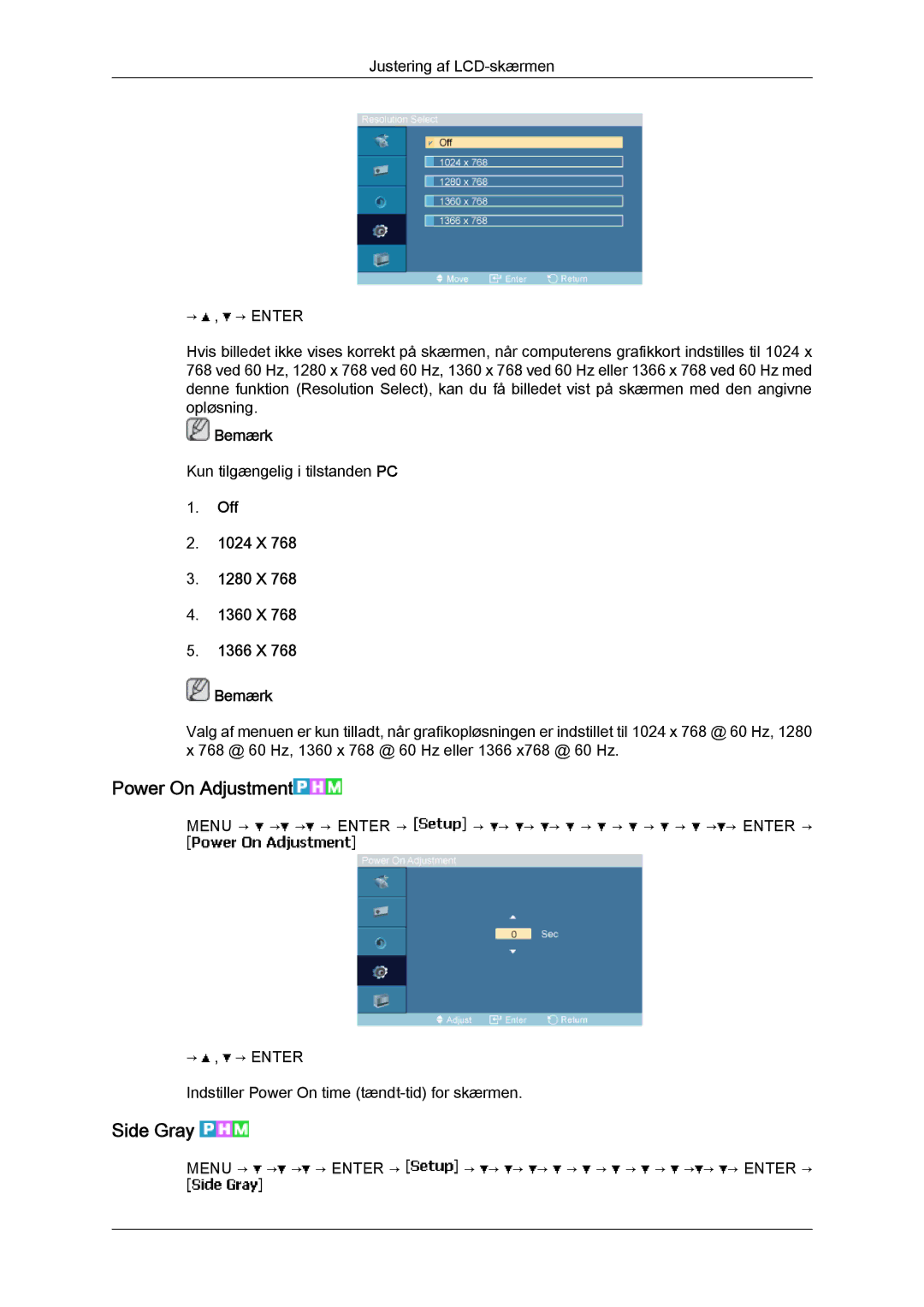 Samsung LH23PTVHBC/EN, LH23PTSMBC/EN, LH23PTRMBC/EN Power On Adjustment, Side Gray, Off 1024 X 1280 X 1360 X 1366 X Bemærk 