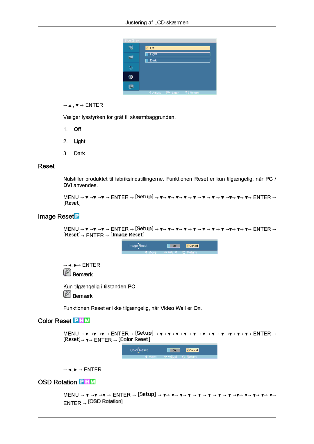 Samsung LH23PTSMBC/EN, LH23PTRMBC/EN, LH23PTTMBC/EN manual Image Reset, Color Reset, OSD Rotation, Off Light Dark 