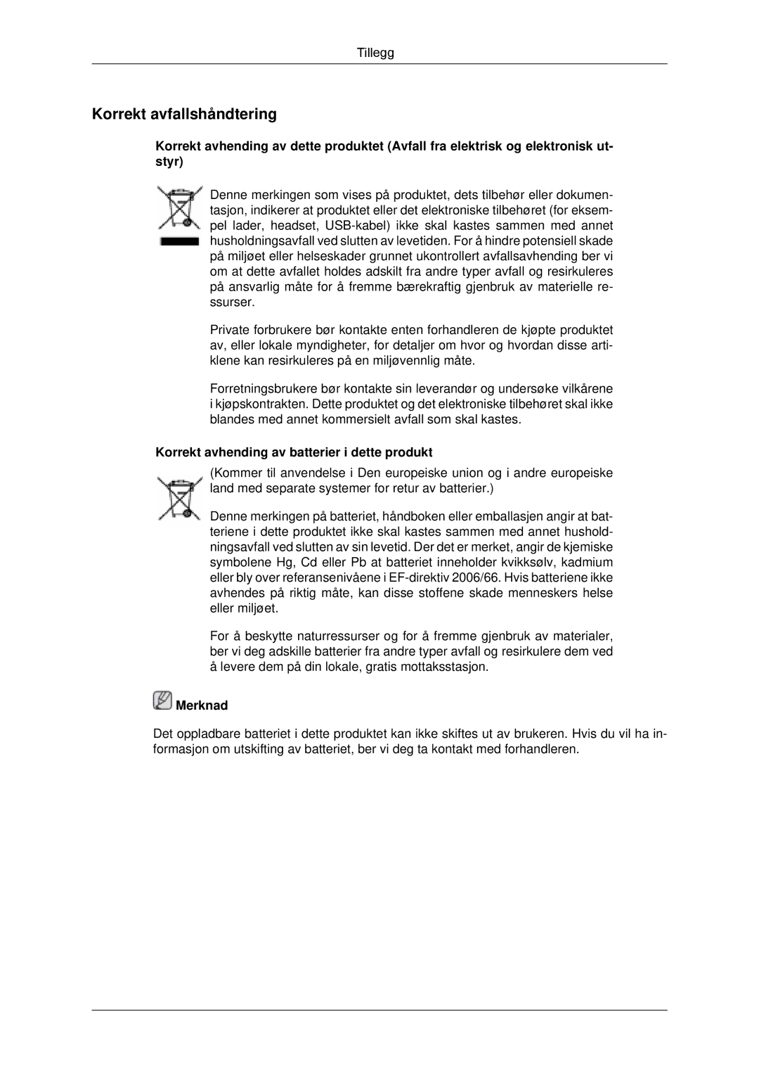Samsung LH23PTSMBC/EN, LH23PTRMBC/EN Korrekt avfallshåndtering, Korrekt avhending av batterier i dette produkt, Merknad 