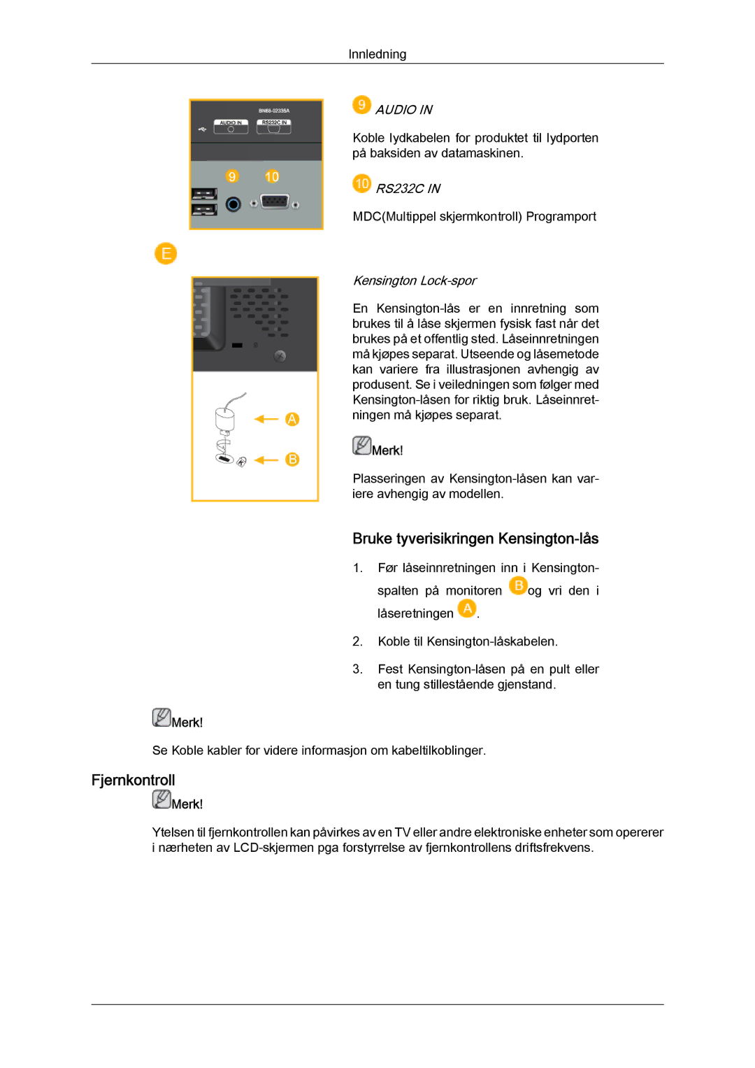 Samsung LH23PTSMBC/EN, LH23PTRMBC/EN, LH23PTTMBC/EN, LH23PTRHBC/EN manual Bruke tyverisikringen Kensington-lås, Fjernkontroll 