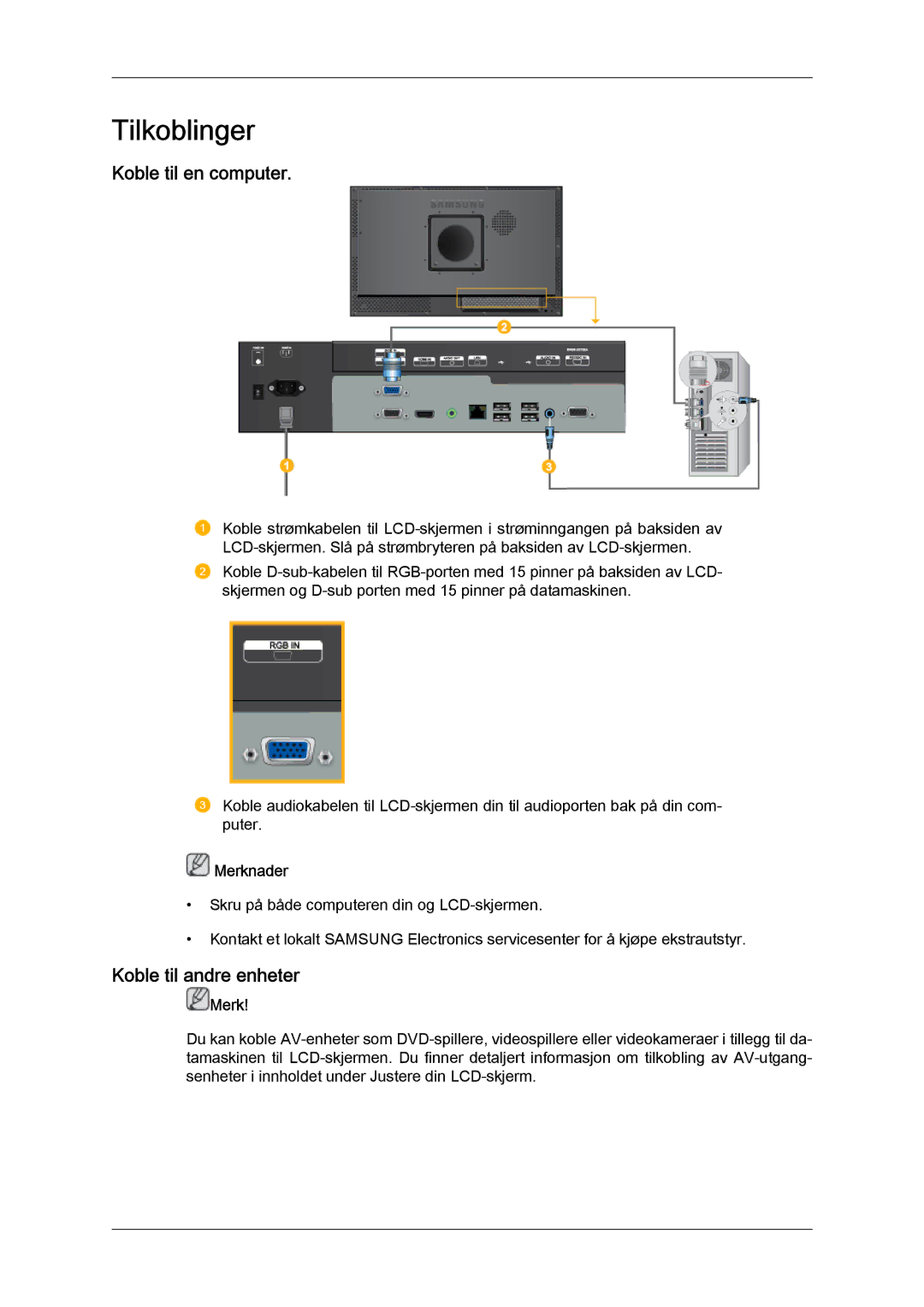 Samsung LH23PTVHBC/EN, LH23PTSMBC/EN, LH23PTRMBC/EN, LH23PTTMBC/EN Koble til en computer, Koble til andre enheter, Merknader 