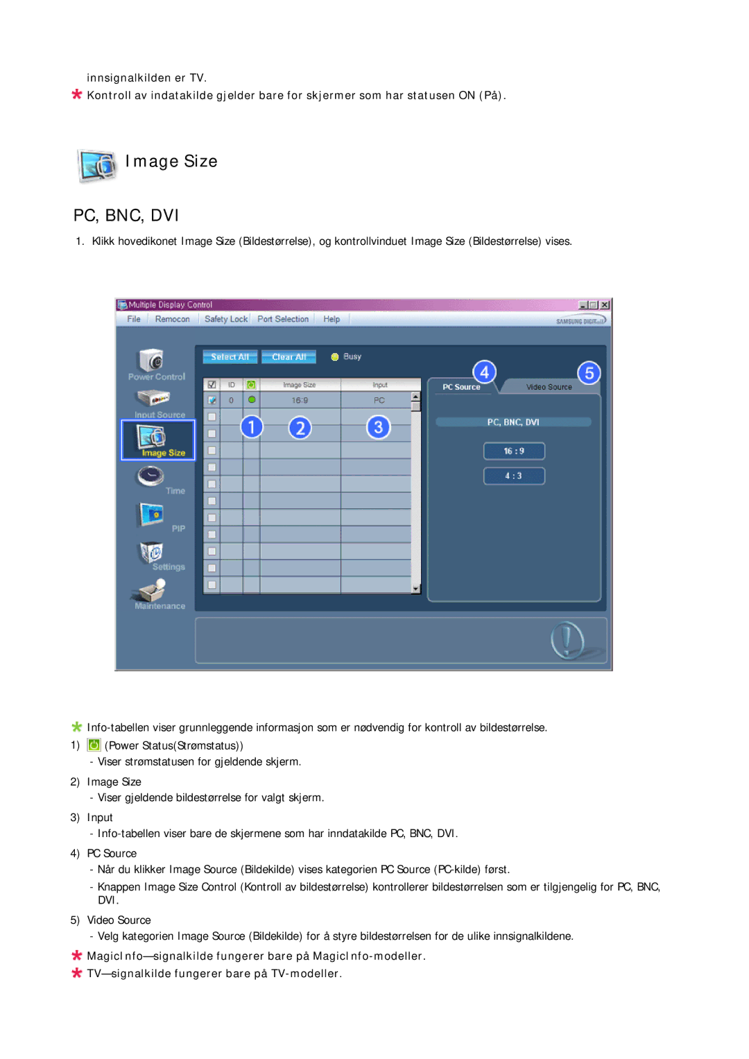 Samsung LH23PTSMBC/EN, LH23PTRMBC/EN, LH23PTTMBC/EN, LH23PTRHBC/EN, LH23PTVHBC/EN manual Image Size, Pc, Bnc, Dvi 