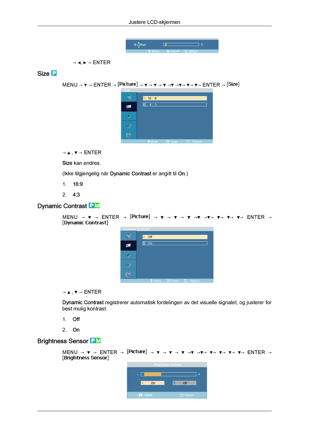 Samsung LH23PTTMBC/EN, LH23PTSMBC/EN, LH23PTRMBC/EN, LH23PTRHBC/EN manual Size, Dynamic Contrast, Brightness Sensor, Off 