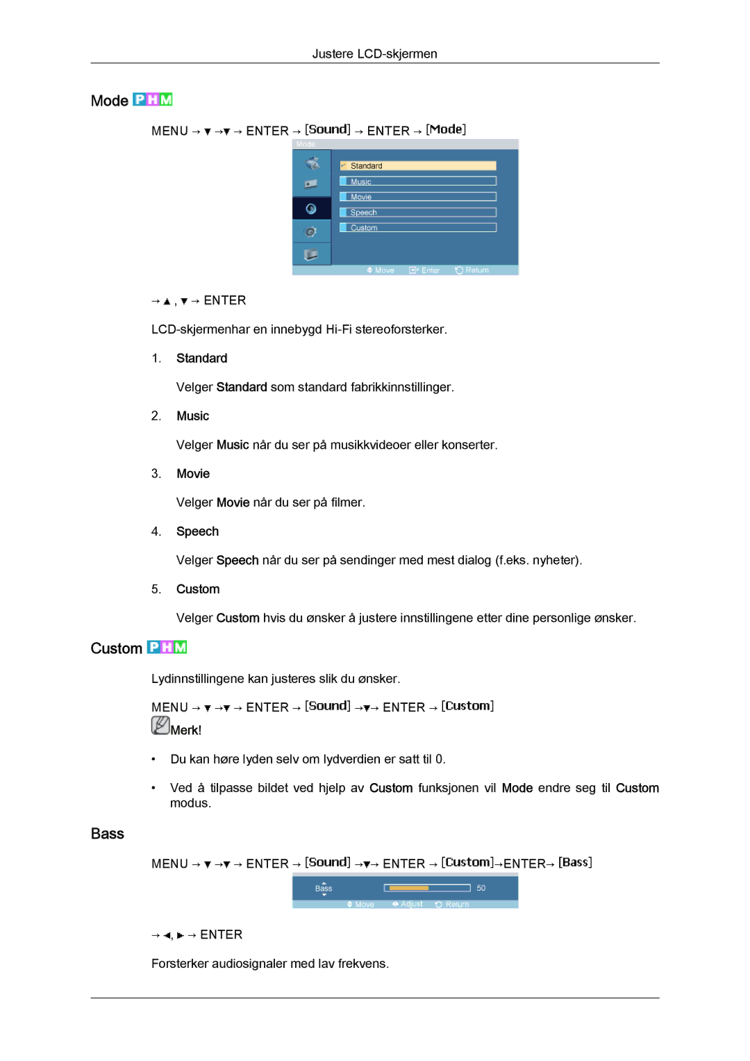 Samsung LH23PTRHBC/EN, LH23PTSMBC/EN, LH23PTRMBC/EN, LH23PTTMBC/EN, LH23PTVHBC/EN manual Bass, Standard, Music, Movie, Speech 