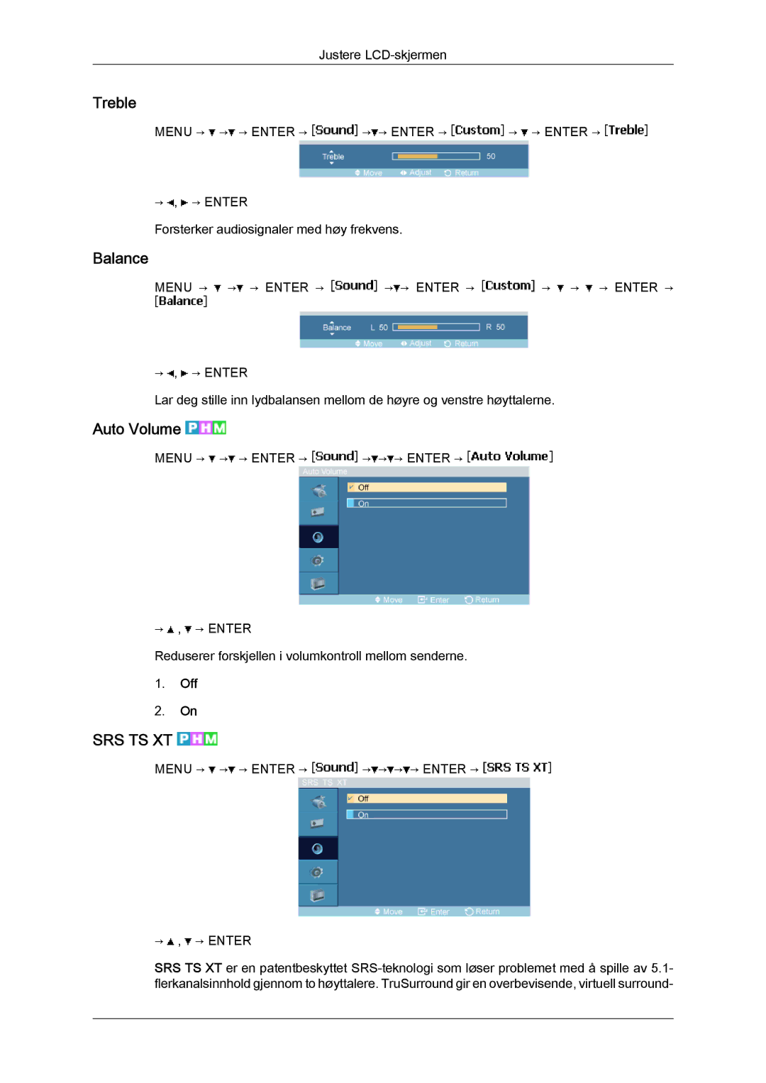 Samsung LH23PTVHBC/EN, LH23PTSMBC/EN, LH23PTRMBC/EN, LH23PTTMBC/EN, LH23PTRHBC/EN manual Treble, Balance, Auto Volume 