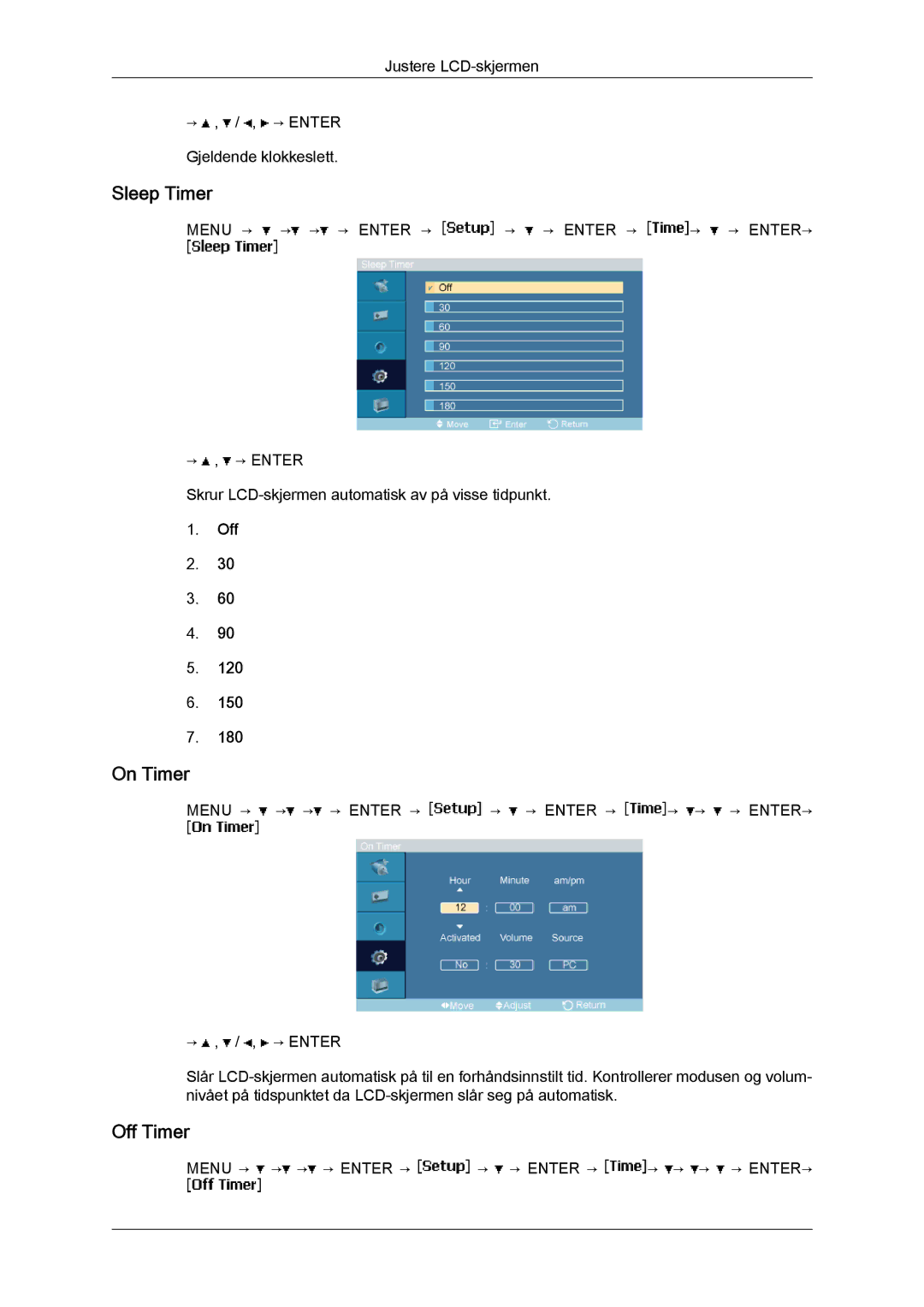 Samsung LH23PTRMBC/EN, LH23PTSMBC/EN, LH23PTTMBC/EN, LH23PTRHBC/EN, LH23PTVHBC/EN manual Sleep Timer, On Timer, Off Timer 