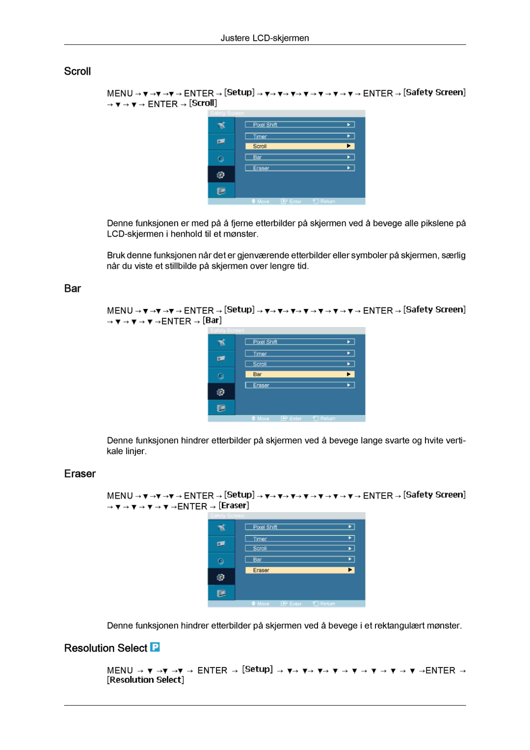 Samsung LH23PTVHBC/EN, LH23PTSMBC/EN, LH23PTRMBC/EN, LH23PTTMBC/EN, LH23PTRHBC/EN manual Scroll, Bar, Eraser, Resolution Select 