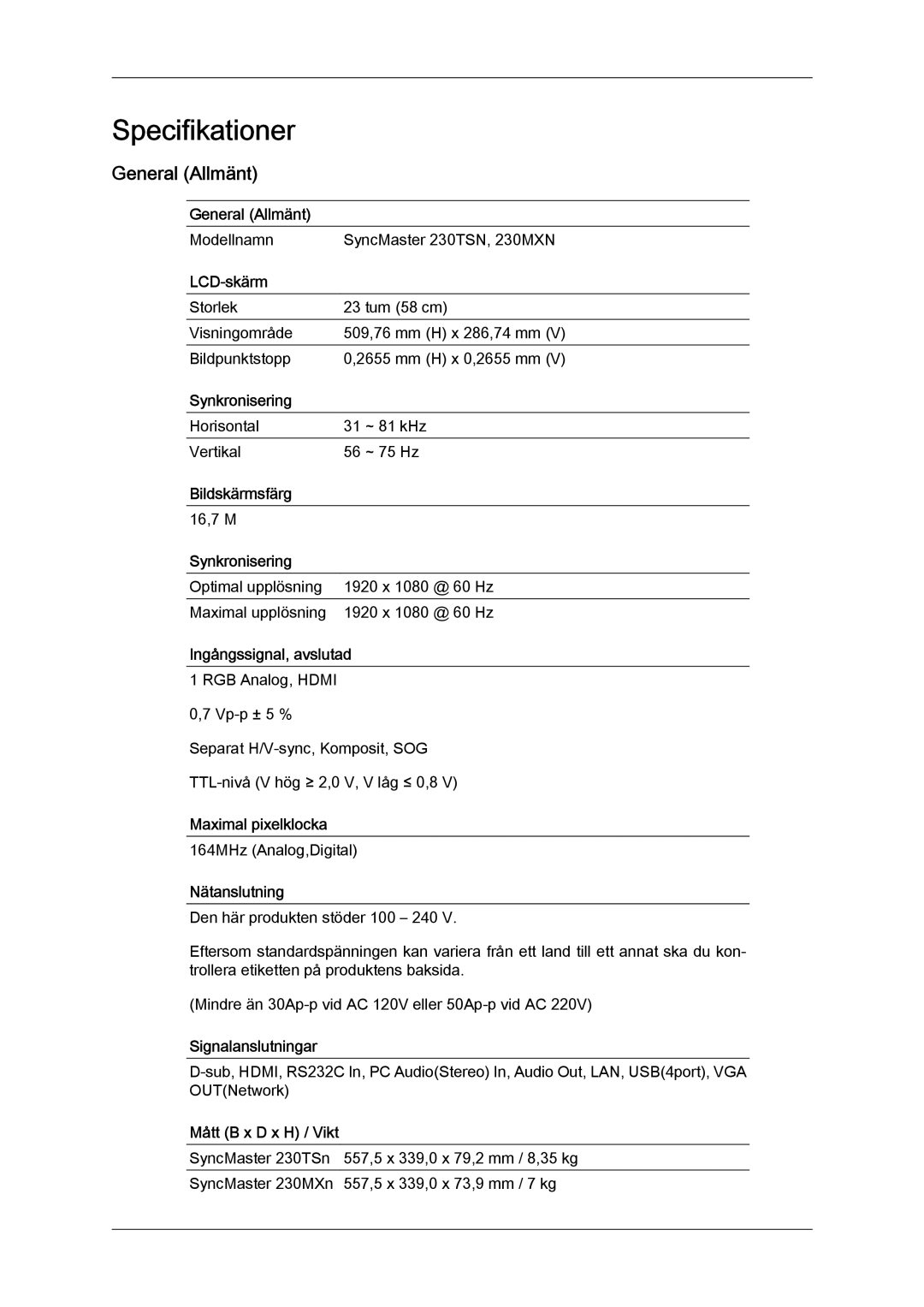 Samsung LH23PTRHBC/EN, LH23PTSMBC/EN, LH23PTRMBC/EN, LH23PTTMBC/EN, LH23PTVHBC/EN manual General Allmänt 