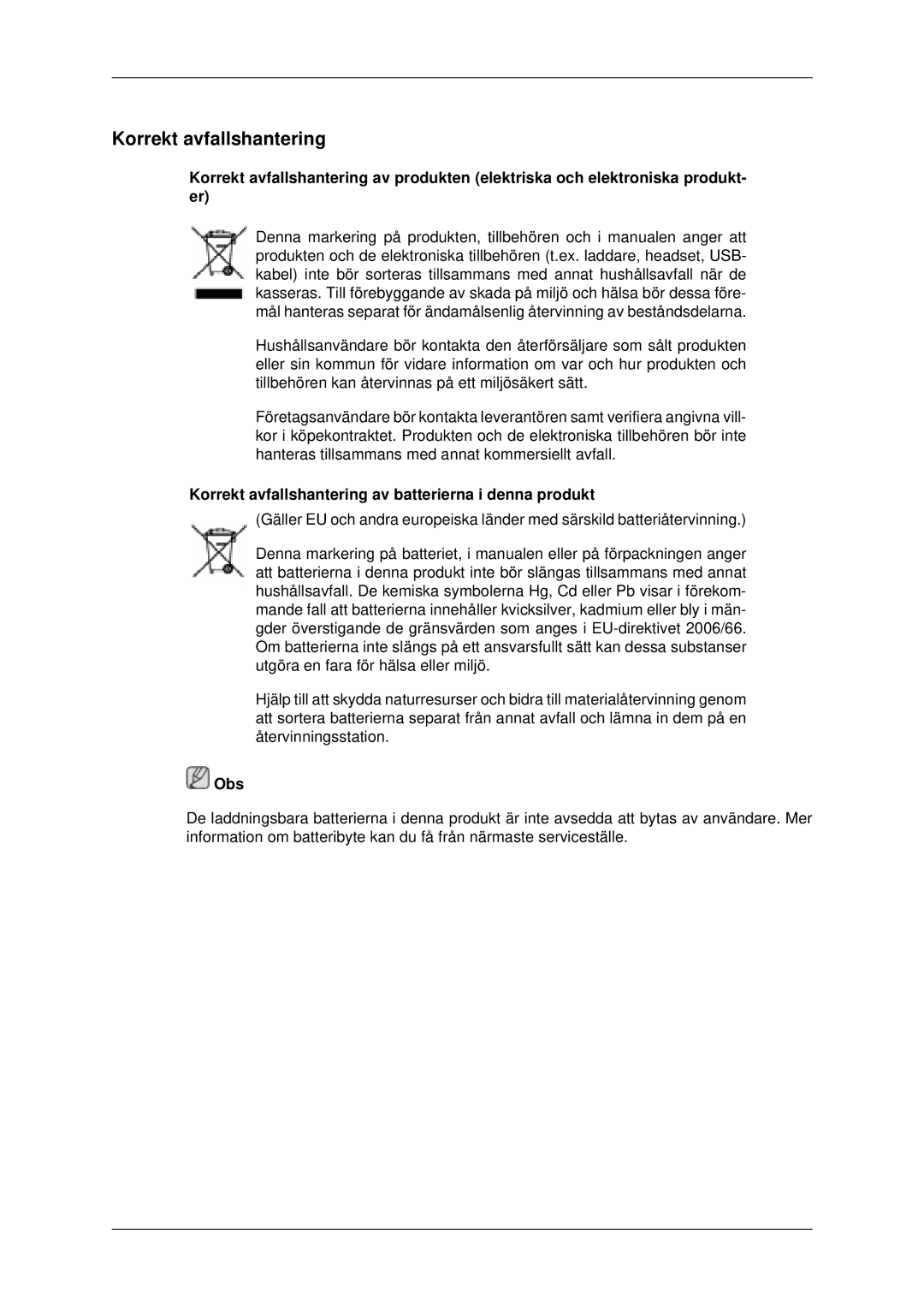 Samsung LH23PTSMBC/EN, LH23PTRMBC/EN, LH23PTTMBC/EN manual Korrekt avfallshantering av batterierna i denna produkt 