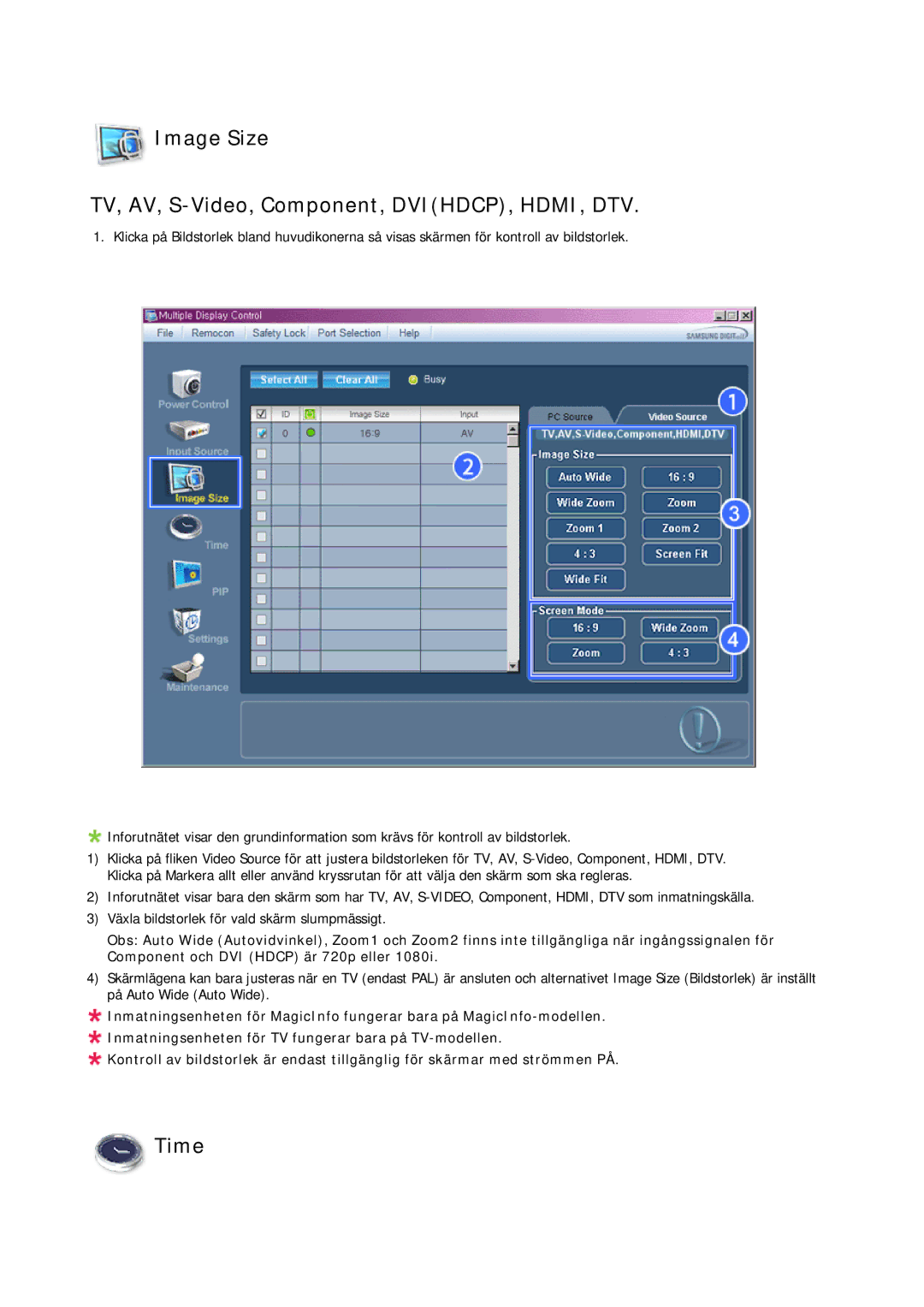 Samsung LH23PTRMBC/EN, LH23PTSMBC/EN, LH23PTTMBC/EN manual Image Size TV, AV, S-Video, Component, DVIHDCP, HDMI, DTV, Time 